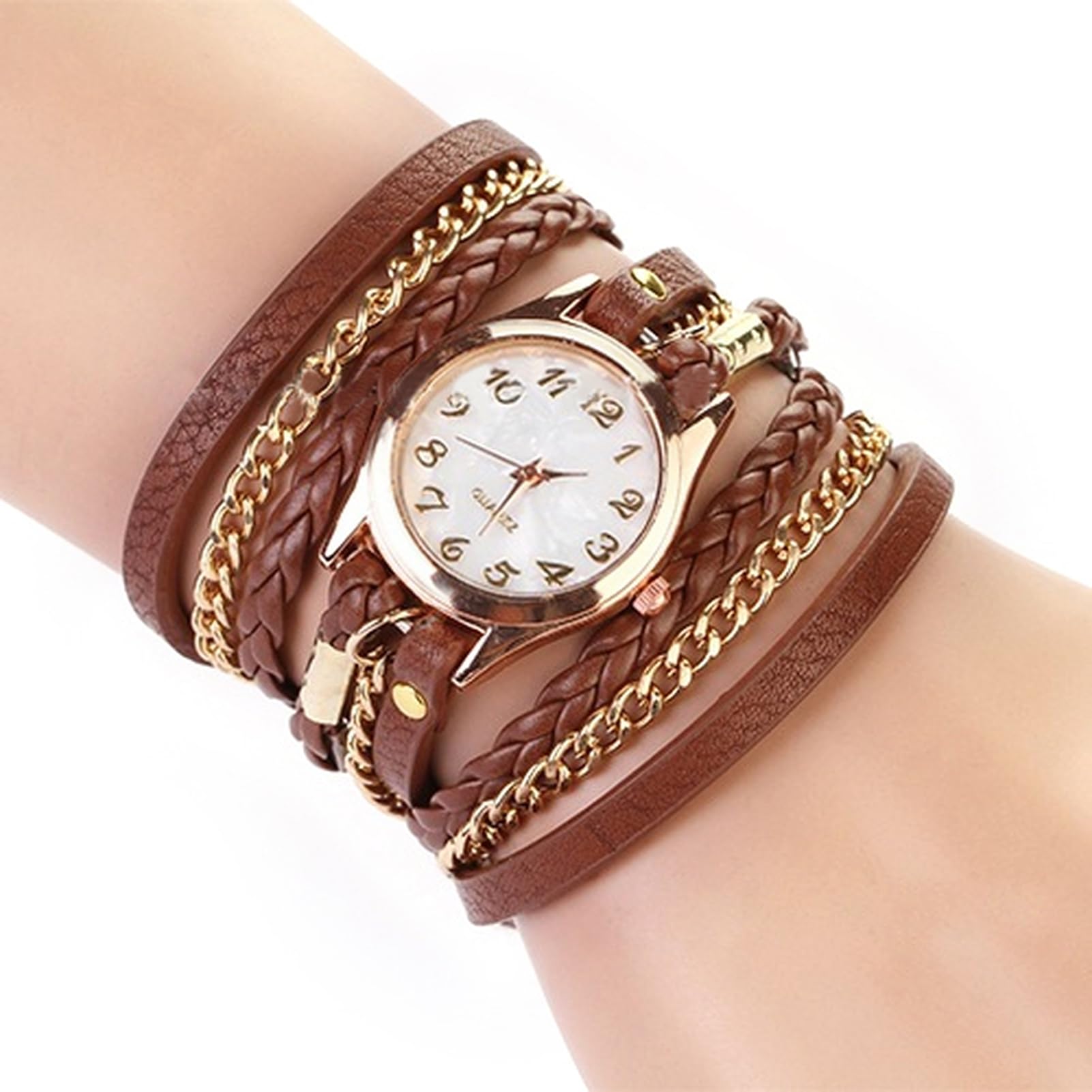 matumou Women Vintage Multilayer Faux Leather Alloy Braided Bracelet Wrist Watch Jewelry