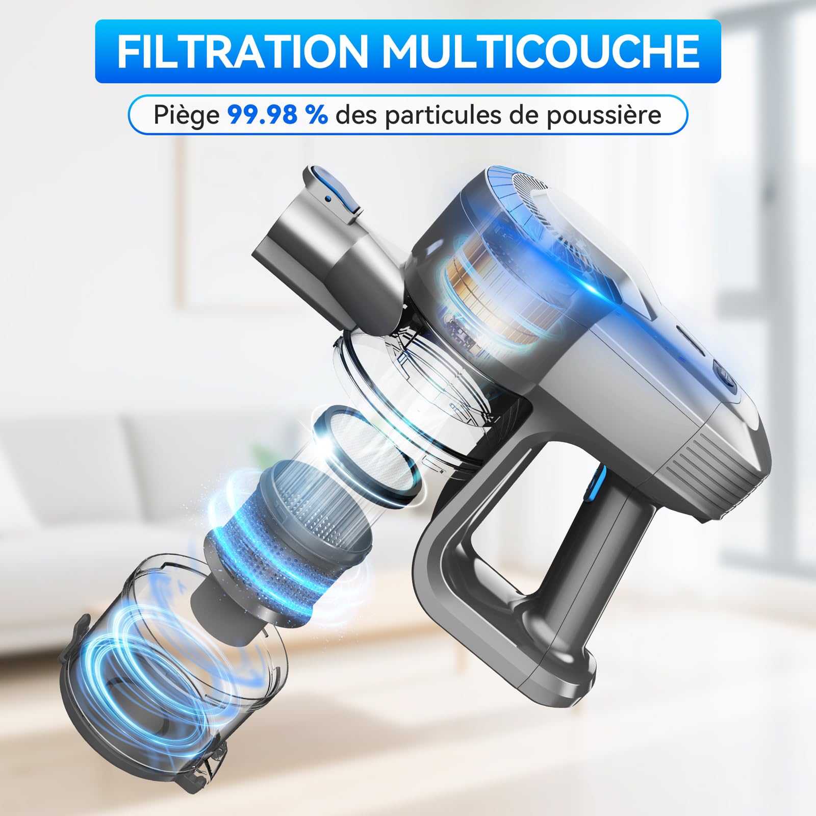 Aspirateur Balai sans Fil, 28kPa Aspirateur sans Fil, 6 en 1 Aspirateur Puissant Aspirateur sans Fil Puissant 55 Minutes d'Autonomie, Brosse LED, Aspirateur Balai pour Tapis Sols Poils d'animaux