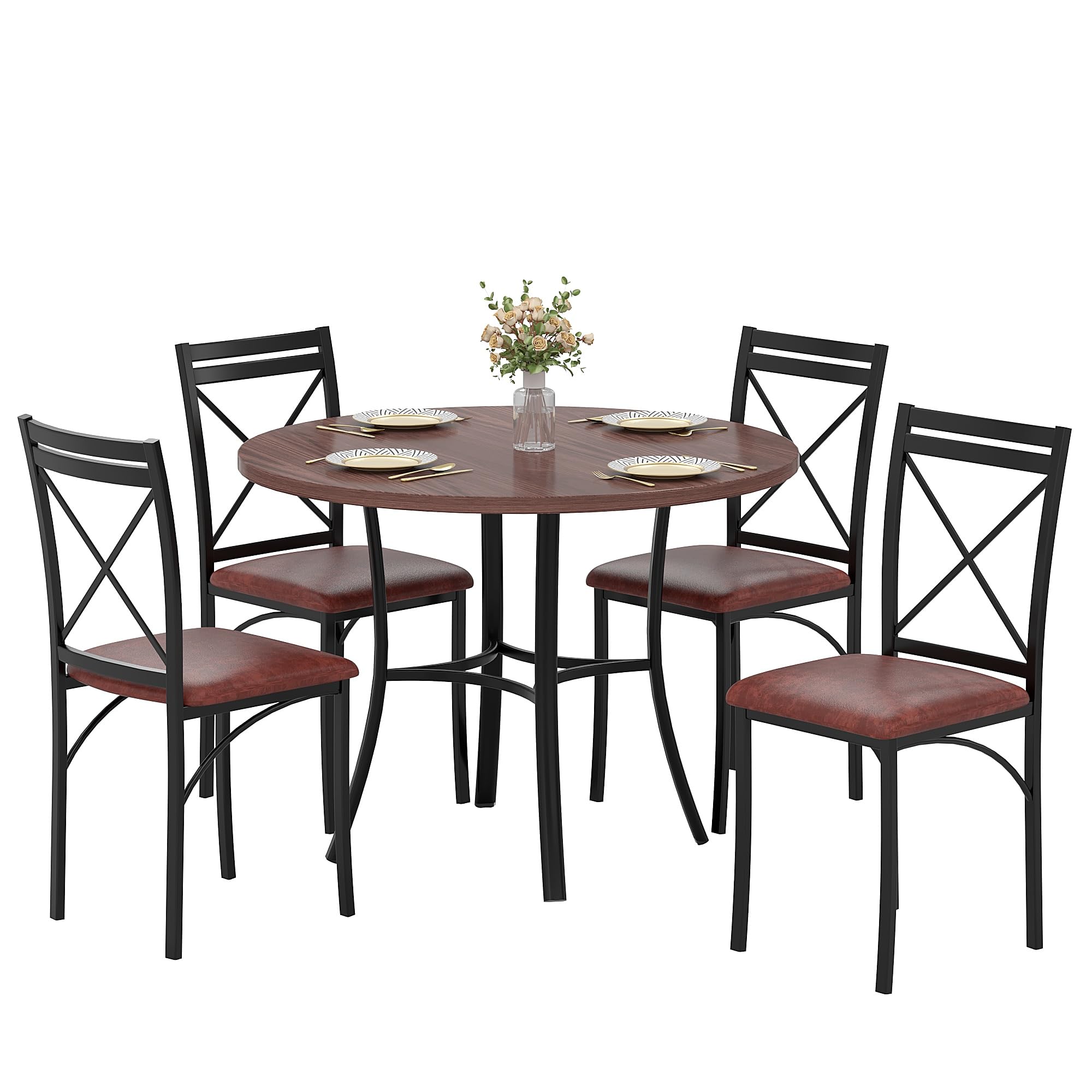VECELO 5 Piece Dining Table Set for 4, Wood Grain Dinette with Chairs for Kitchen, Breakfast Nook, Small Space, Brown