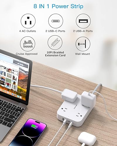 Miniatura 2 de Cable de extensión de 10 pies, tira de alimentación de enchufe plano ultrafina con 4 tomas, 4 puertos USB (2 USB C), montaje en pared, extensor de