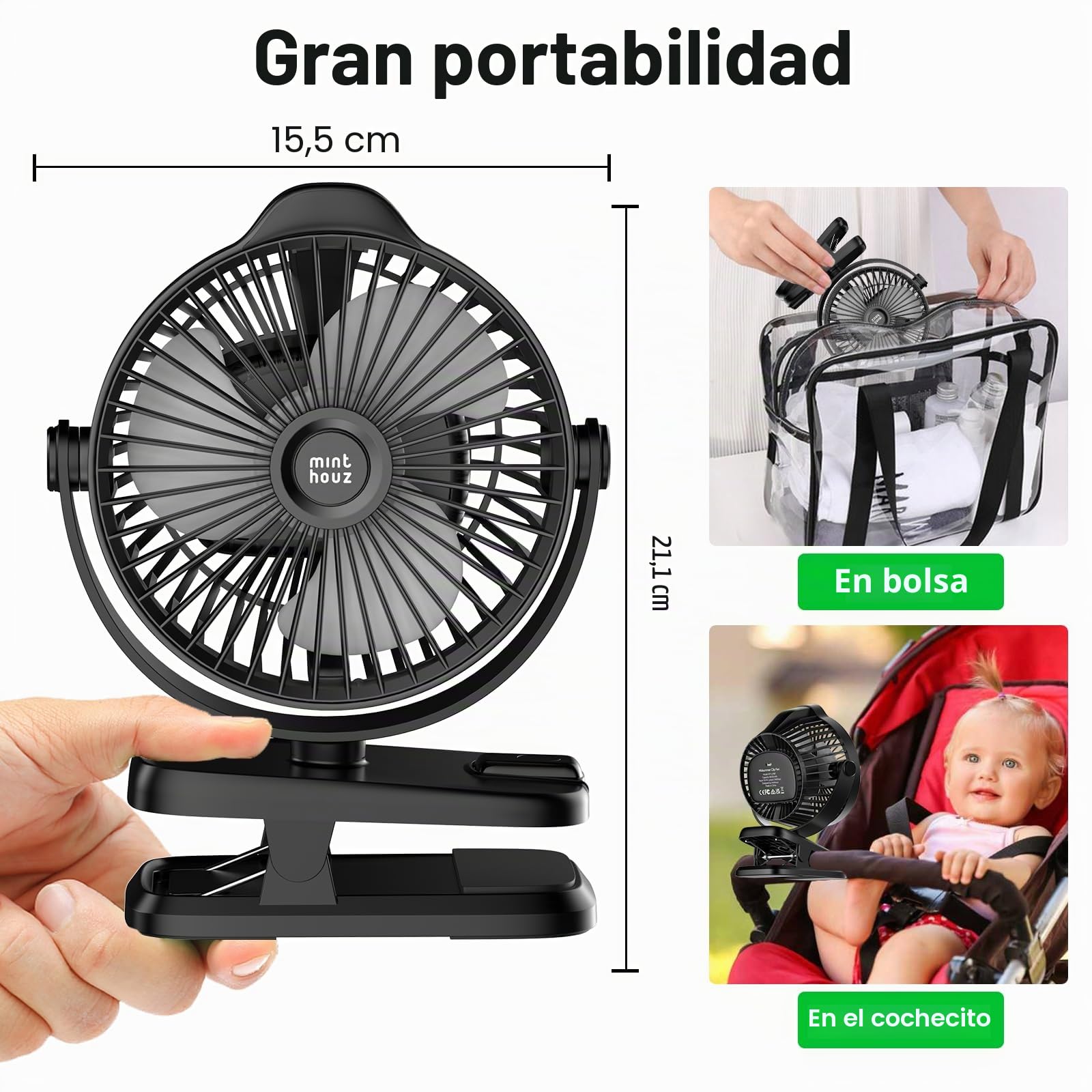 Minthouz Ventilador Portátil con Clip, Ventilador USB-C Recargable de 8000 mAh, 5 Velocidades, Ventilador Silencioso de Escritorio Ideal para Camping, Hogar, Oficina y Carrito para Bebé (Negro)