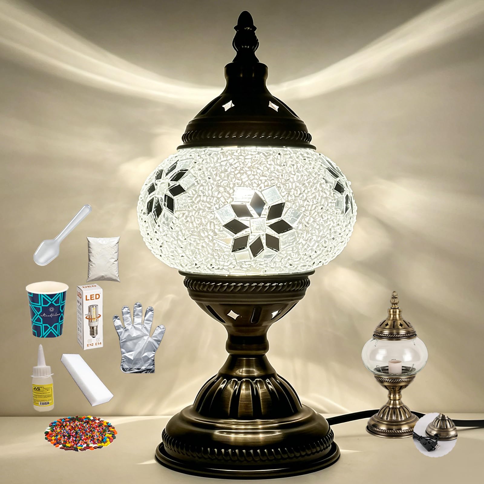 shulovehua DIY Turkish Mosaic Lamp Kit with Bronze Base USB Powered Night Light Included LED Bulb Stained Glass Table Lamp Making Kit Easy and Fun for Bedroom Yoga Room Decor Adult Handmade(White)