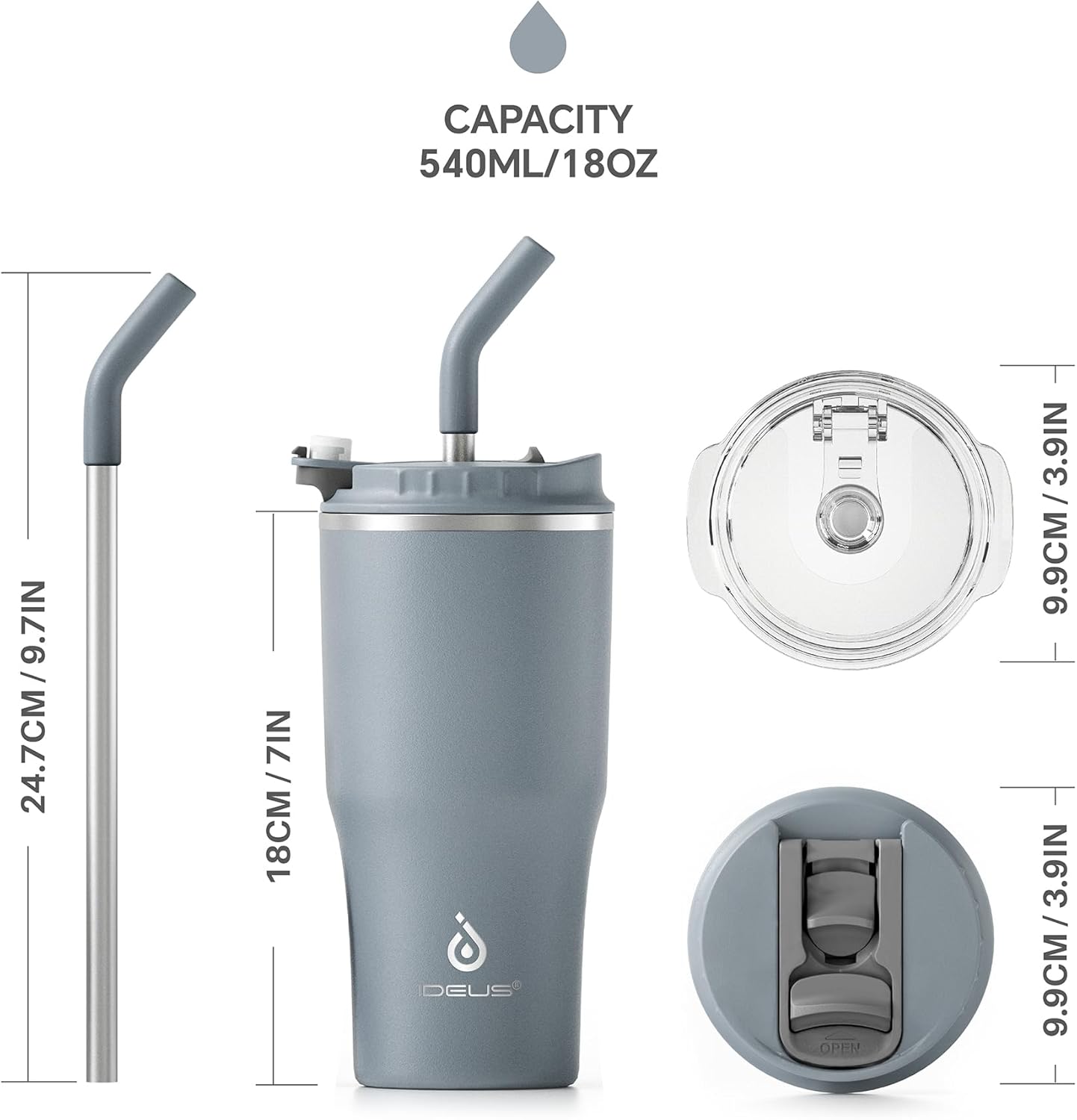 Ideus Insulated Tumbler with Lid and Straw 18 oz, Stainless Steel Double-Wall Vacuum Leak-Proof Travel Coffee Mug, Cup Holder Friendly, Ultimate Gray - Image 9