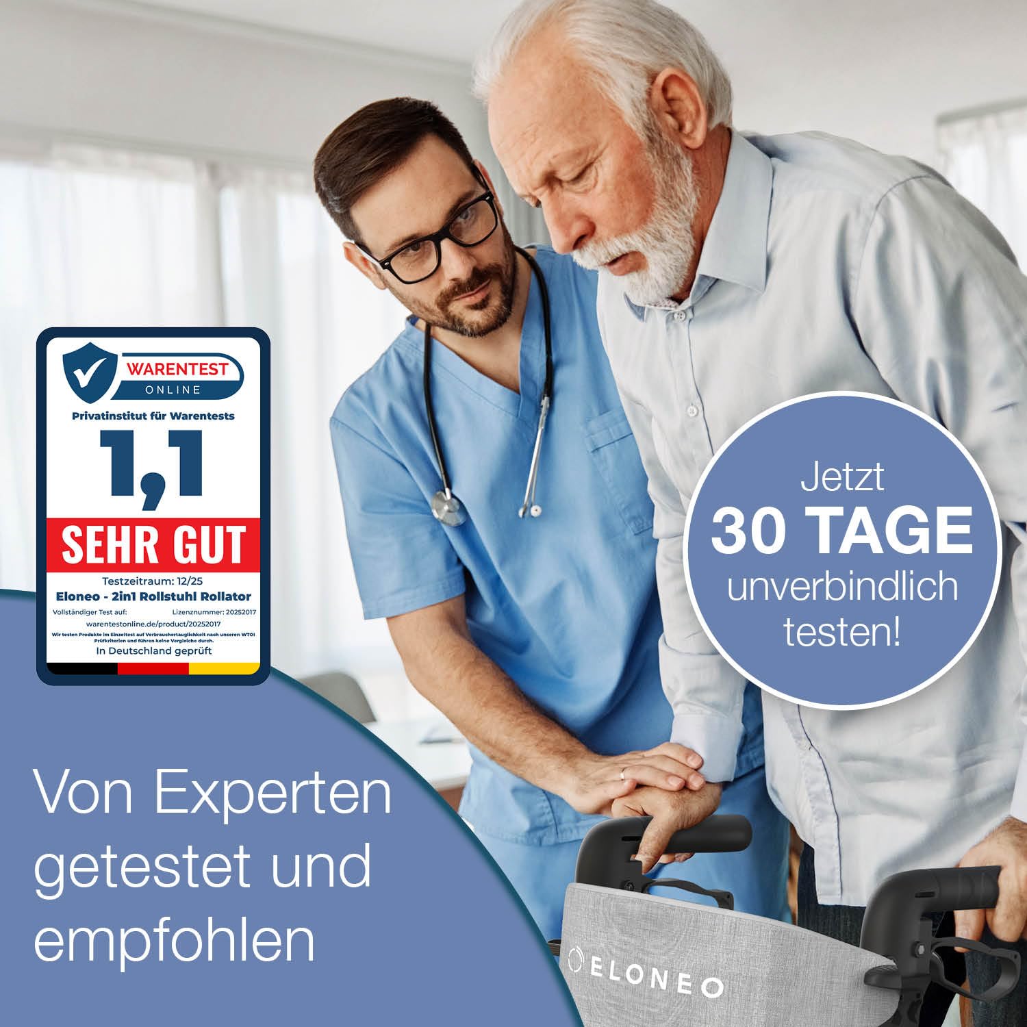 ELONEO 2 in 1 Rollstuhl Rollator faltbar und leicht mit Sitz, Outdoor Rollator Rollstuhl faltbar leicht für alle Gelände, Aluminium Gehhilfe für Senioren mit Netztasche, Transport-Rollstuhl, rot