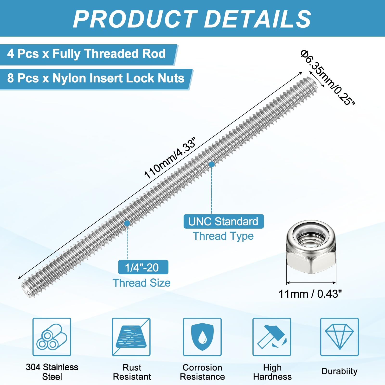 PATIKIL 4Pcs 1/4"-20x110mm Threaded Rods with Hex Nuts - Image 2