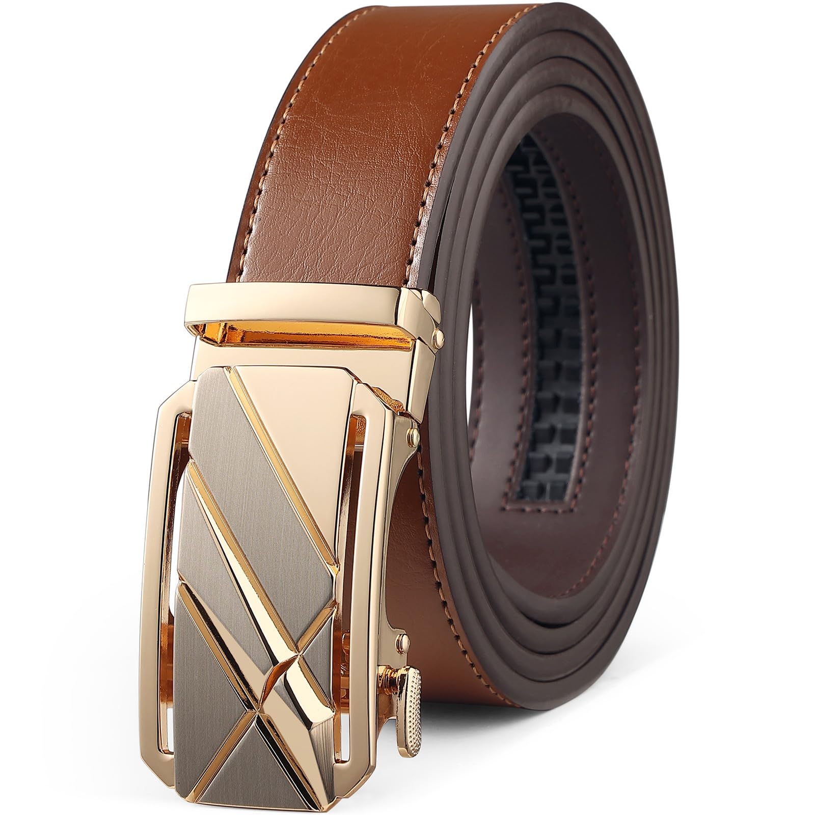 Drowsmen Leather ratchet belt 1 3/8" with Click Sliding Automatic Buckle, Adjustable belt Trim to Fit