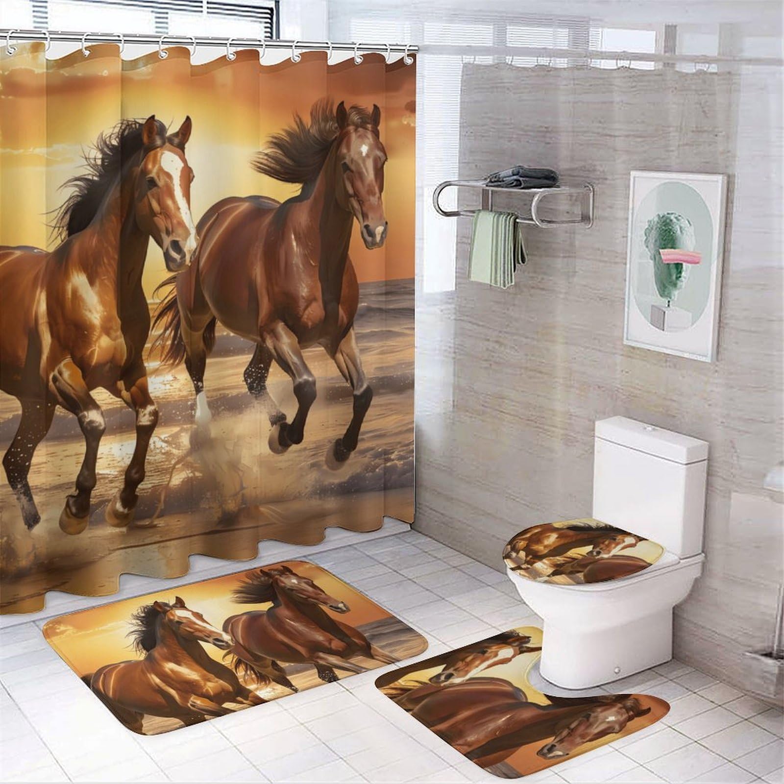 CGSBNGHA Wild Horses Running on The Beach Shower Curtain Set 4 Piece Bathroom Sets with Rugs Toilet Lid Cover And U-Shaped Floor Mat