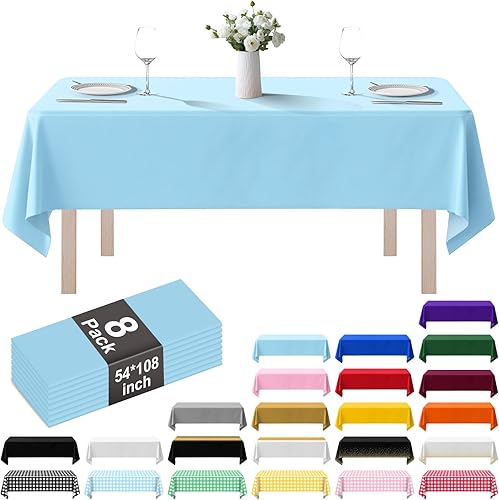Vista 23 de Paquete de 8 manteles de plástico de 54 x 108 pulgadas, manteles desechables para mesas de 6 a 8 pies, mantel rectangular para mesas para fiestas