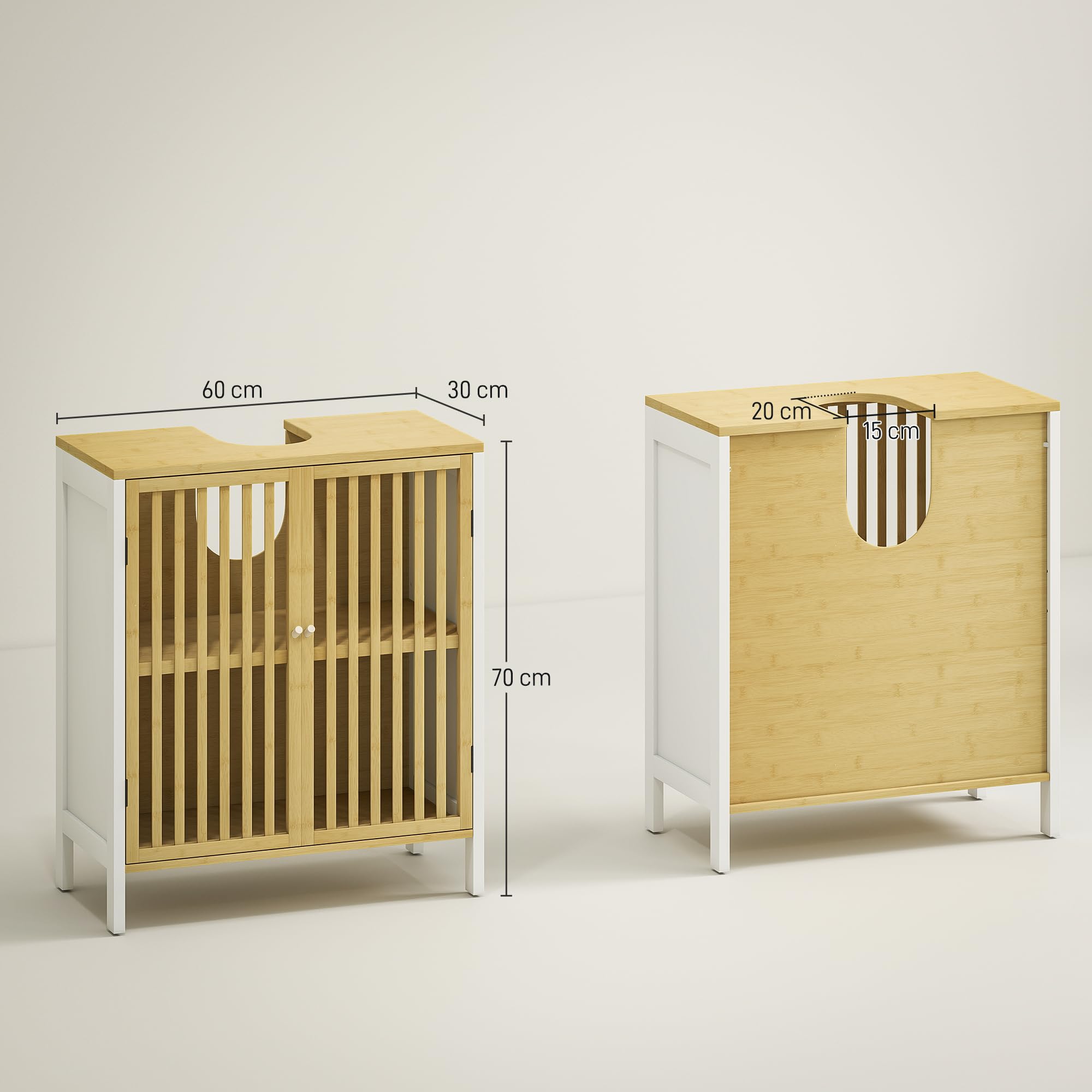 HOMCOM Meuble sous Vasque Meuble de Salle de Bain 2 Portes avec étagère réglable Armoire de Rangement pour lavabo 60 x 30 x 70 cm en Bambou Blanc et Naturel