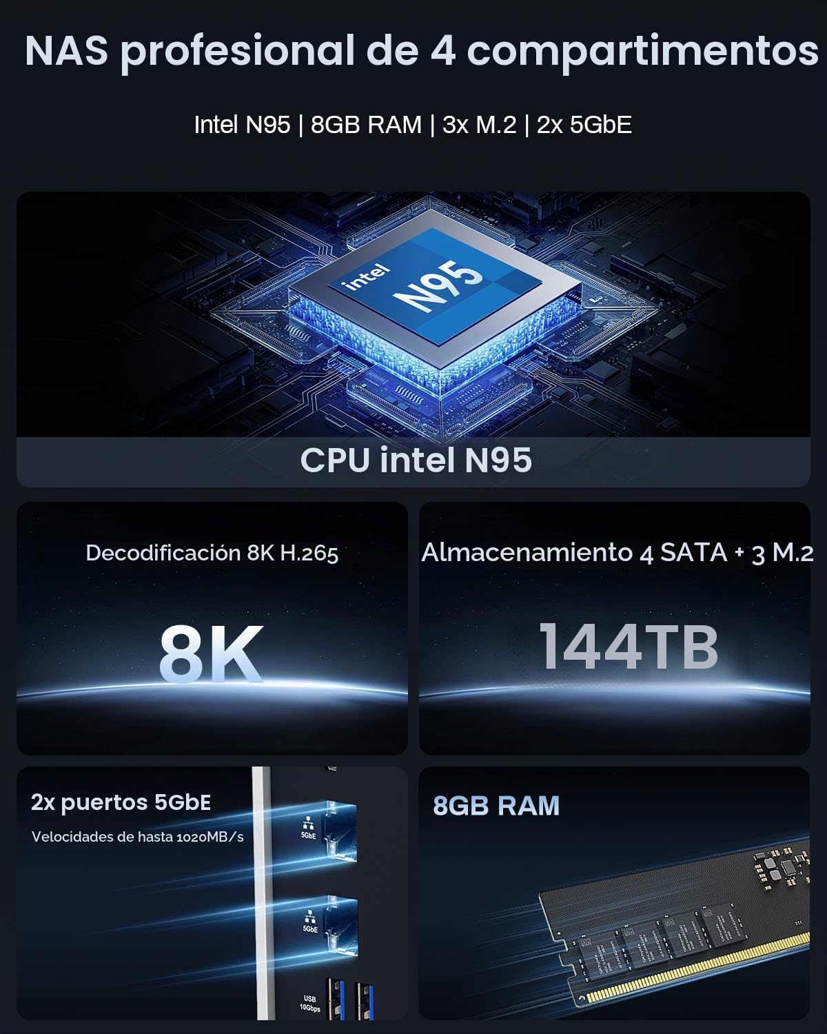 TERRAMASTER F4-425 Plus Almacenamiento NAS de Alto Rendimiento: 4 bahías, Intel N95 4 núcleos, 8GB RAM, Dual 5GbE LAN, 3 M.2, para Trabajo en Equipo y Servidor Multimedia(Sin Discos) | CPU Intel N95 de cuatro núcleos, 8 GB de RAM DDR, 2 x 5 GbE LAN, 3 ran
