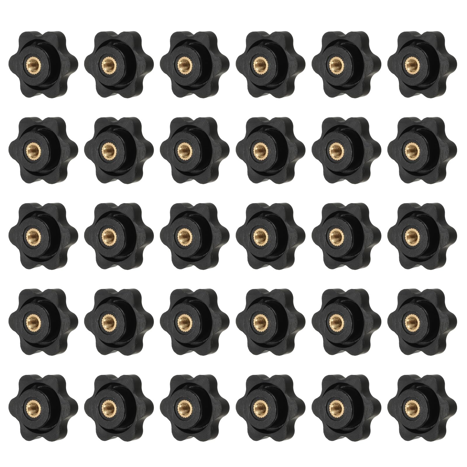YELARXI Clamping Nuts Knob Plastic Screw-On Brass Star Knobs Knurled M4 Female Threaded Hexagon Head, 1 Inch Head Diameter Fit for Lawn Mower Handle Machinery (30 Pack, Black)