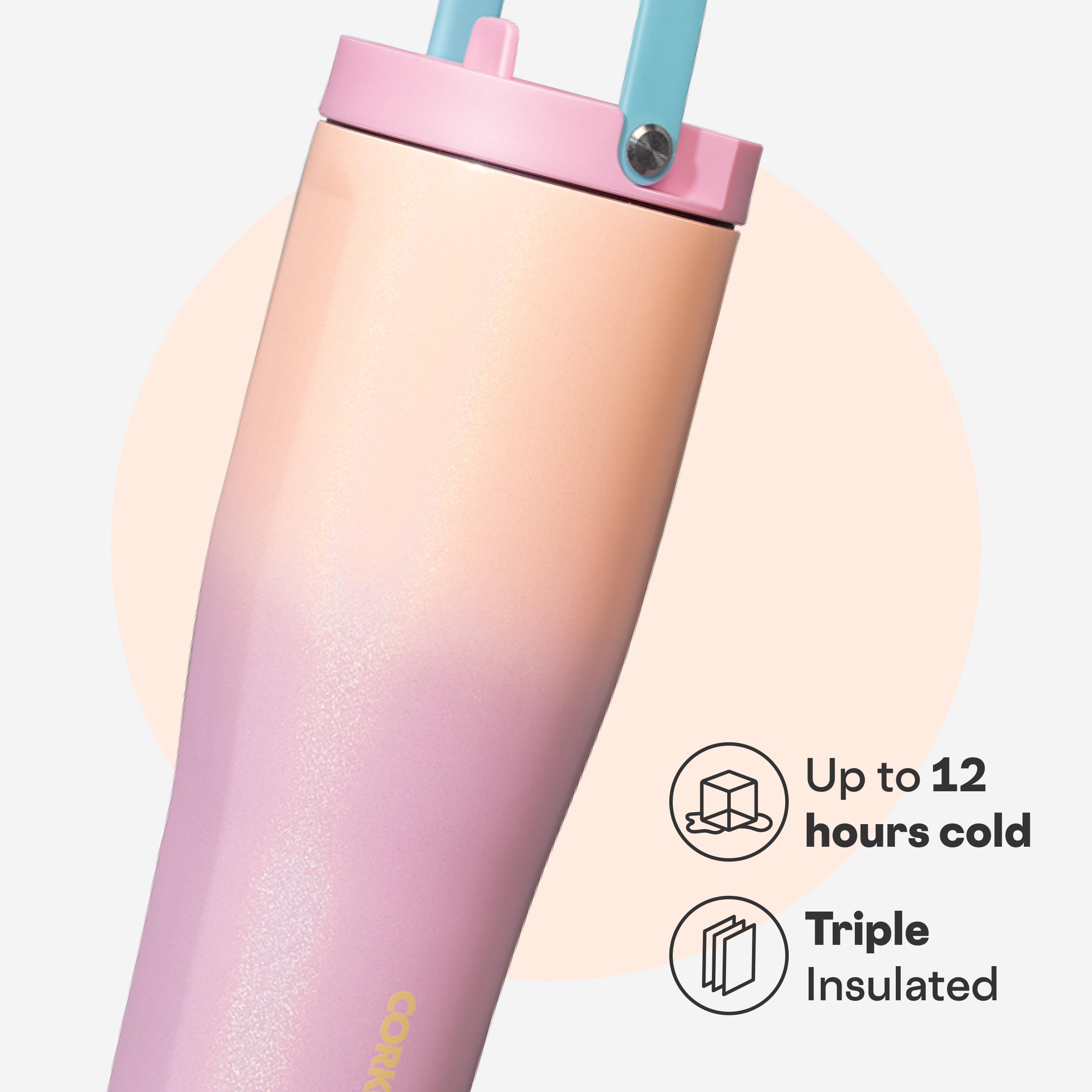 Corkcicle Go Cup – Gobelet de voyage anti-fuite – Bouteille d'eau en acier inoxydable à triple isolation – Poignée facile à transporter – Cadeau d'été – Garde les boissons froides – 887,5 ml – Amant