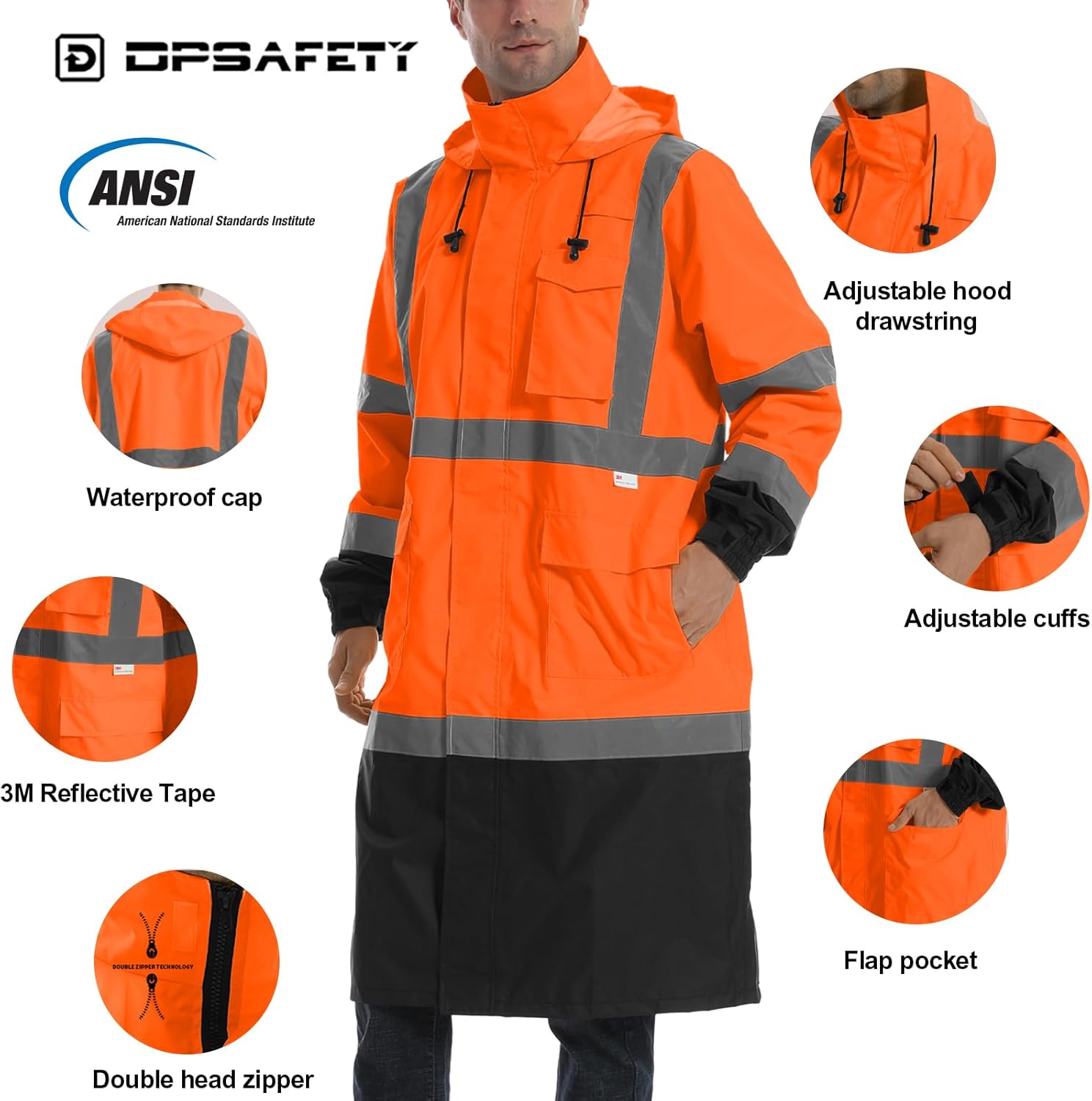 Hi Vis Rain Jacket with 3M Reflective Stripe,High Visibility Class 3 Rain coats,Safety Waterproof Rain Suits for Men with Hood and 2 Large Pockets construction work rain gear(Orange 4XL)