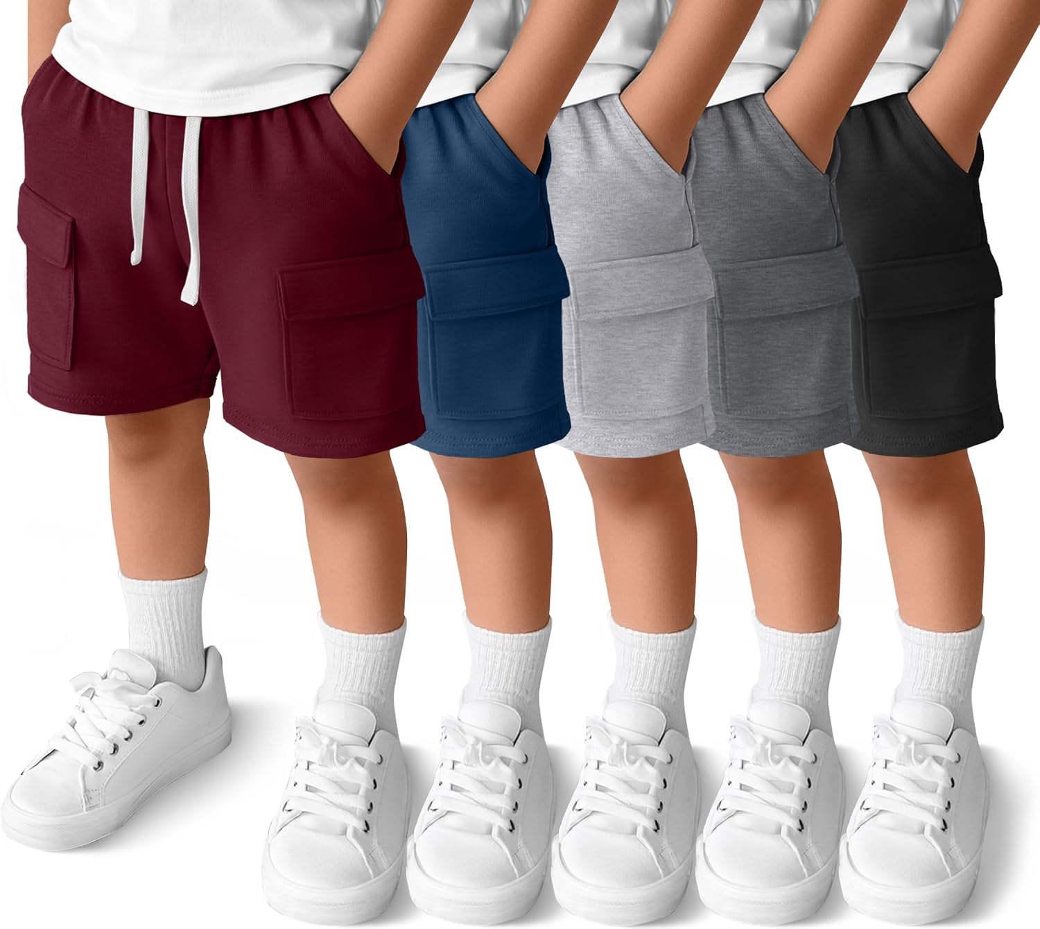 5 Pack Baby Boy Cargo Shorts 18M-5T Pull On Toddler Drawstring Elastic Waist Shorts Loose Pockets Summer Clothes