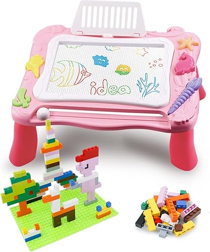 Tablero de dibujo magnético 3 en 1 con bloques de construcción para niños pequeños a partir de 3 años