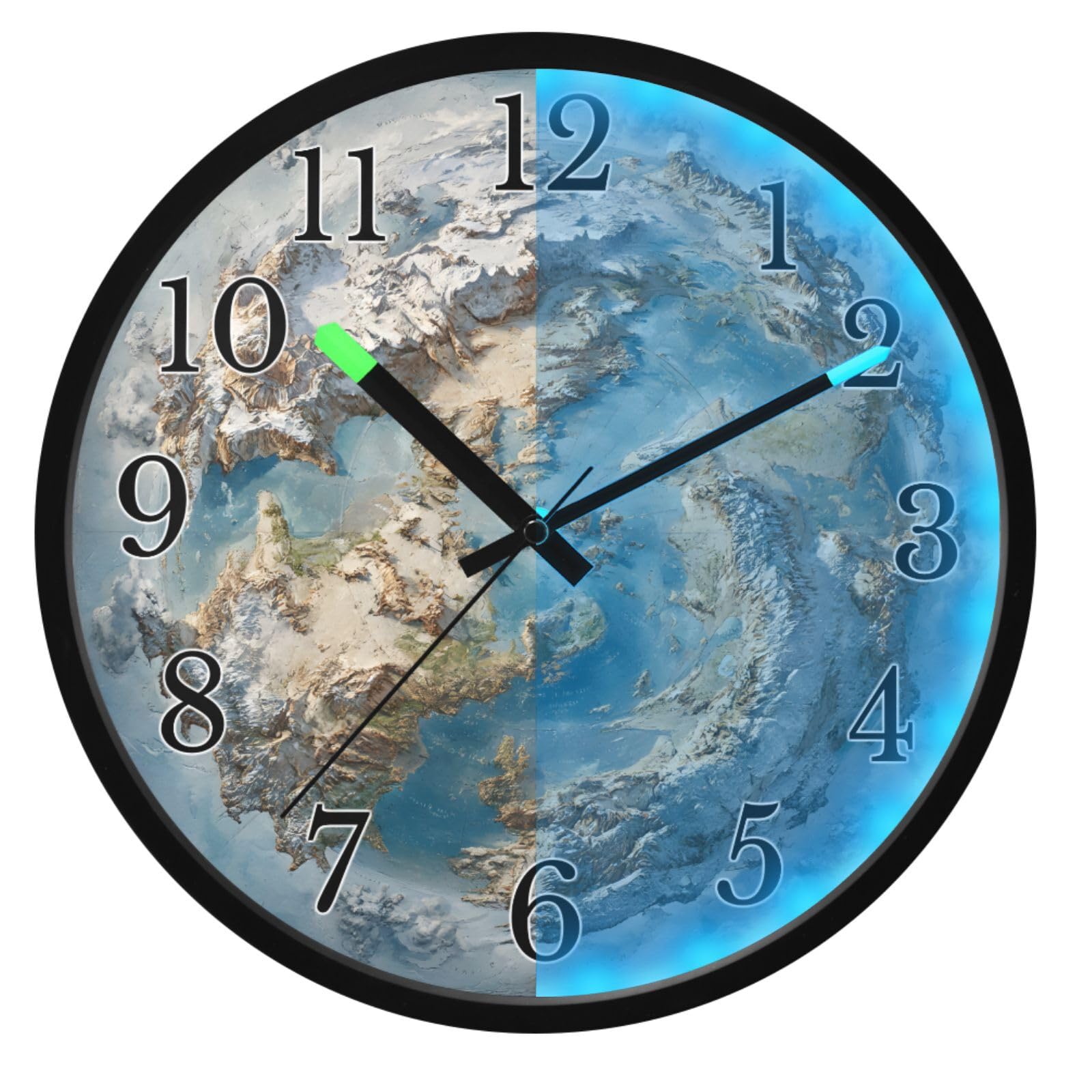 Mnsruu Reloj de pared azul con mapa del mundo, luminoso, funciona con pilas, silencioso, brilla en la oscuridad, para sala de estar, cocina, 30,5 cm