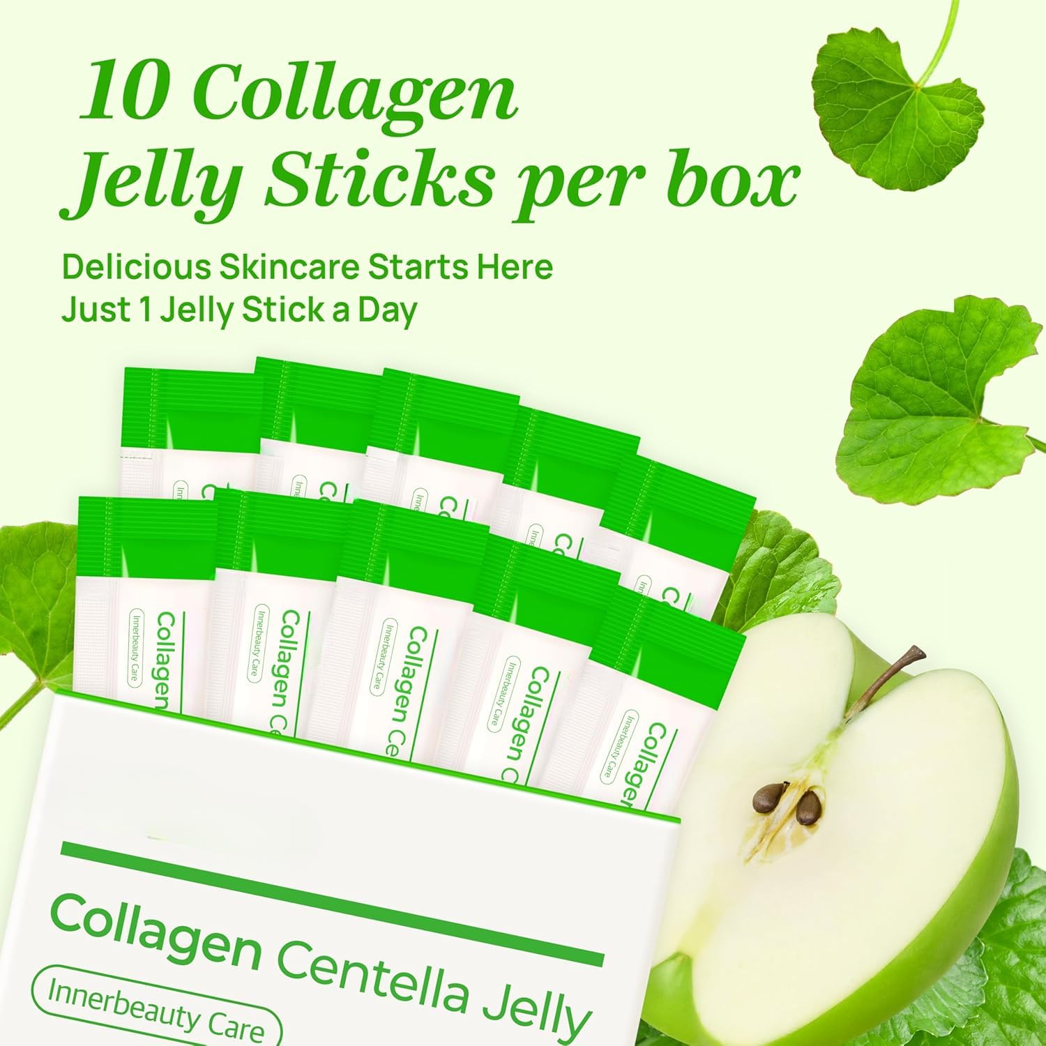 Centella|Jalea de colágeno, ayuda a hidratar y promover una piel sana, fortalecer el cabello y las uñas, gelatina con sabor a manzana verde rica en vitaminas