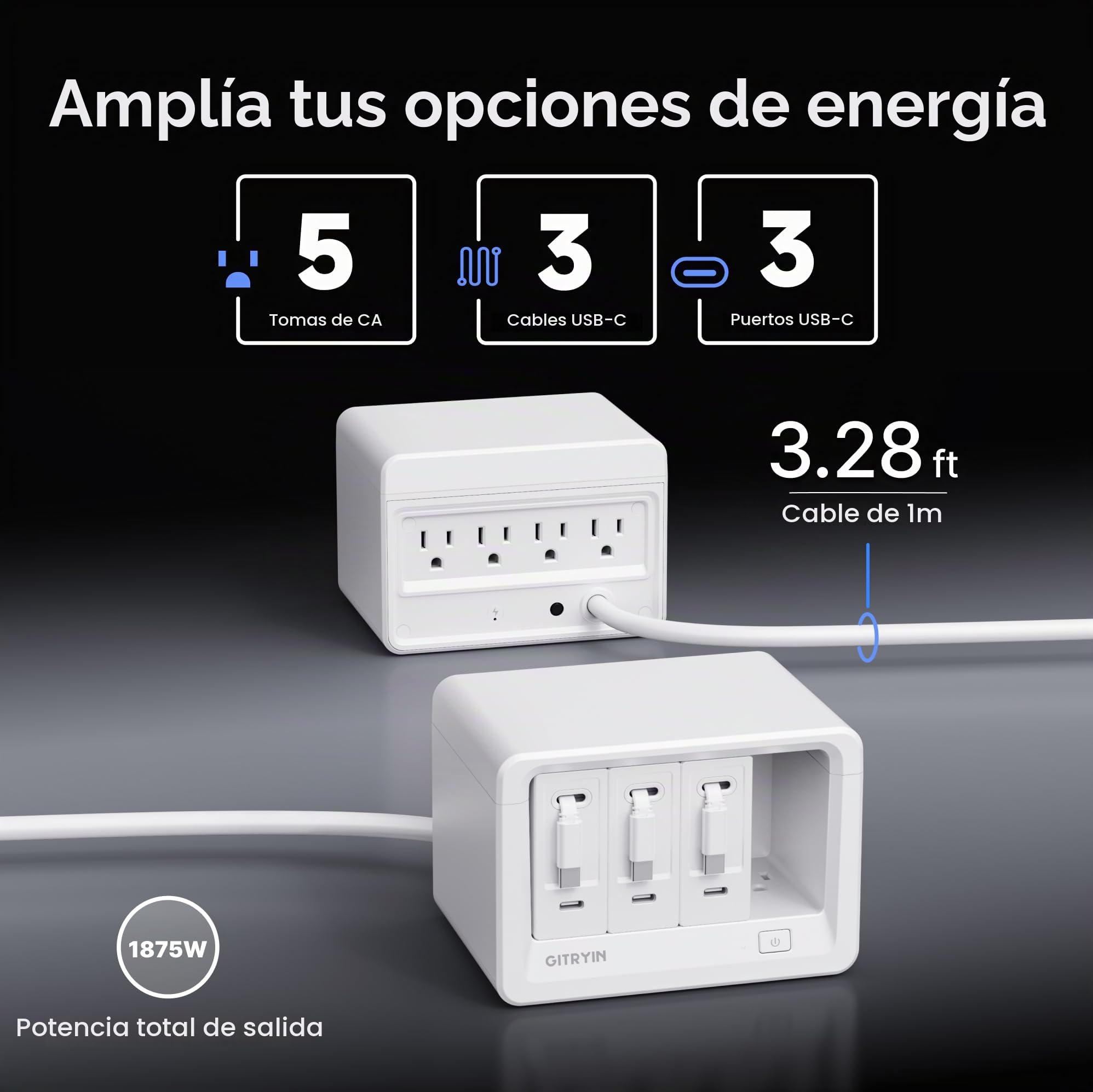 Gitryin Estación de carga de computadora 11 en 1 con 3 cargadores de pared retráctiles, tira de alimentación USB-C de 40 W con 5 CA, 3 USB C, 3 cables tipo C de 31.5 pulgadas, cable de extensión con