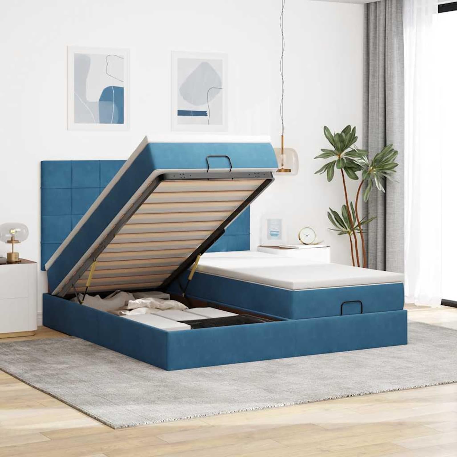 Gecheer Cama Otomana con Almacenamiento y Colchón de Resortes Enfundados, Tela de Terciopelo, Luces LED, para Dormitorio y Descanso