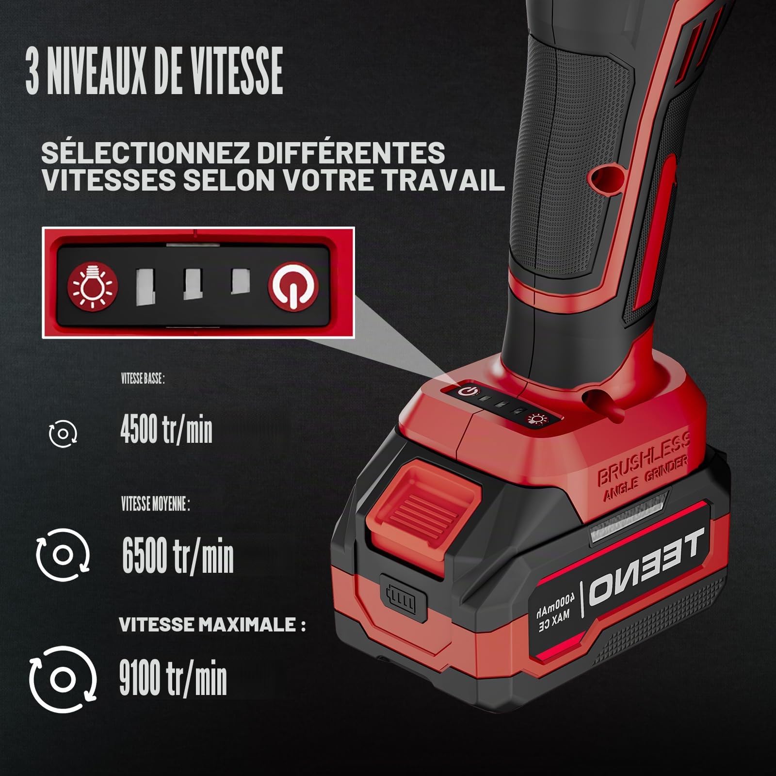 TEENO Meuleuse d'angle sans fil 21 V 1 000 W丨Ø 125 mm丨9100 tr/min