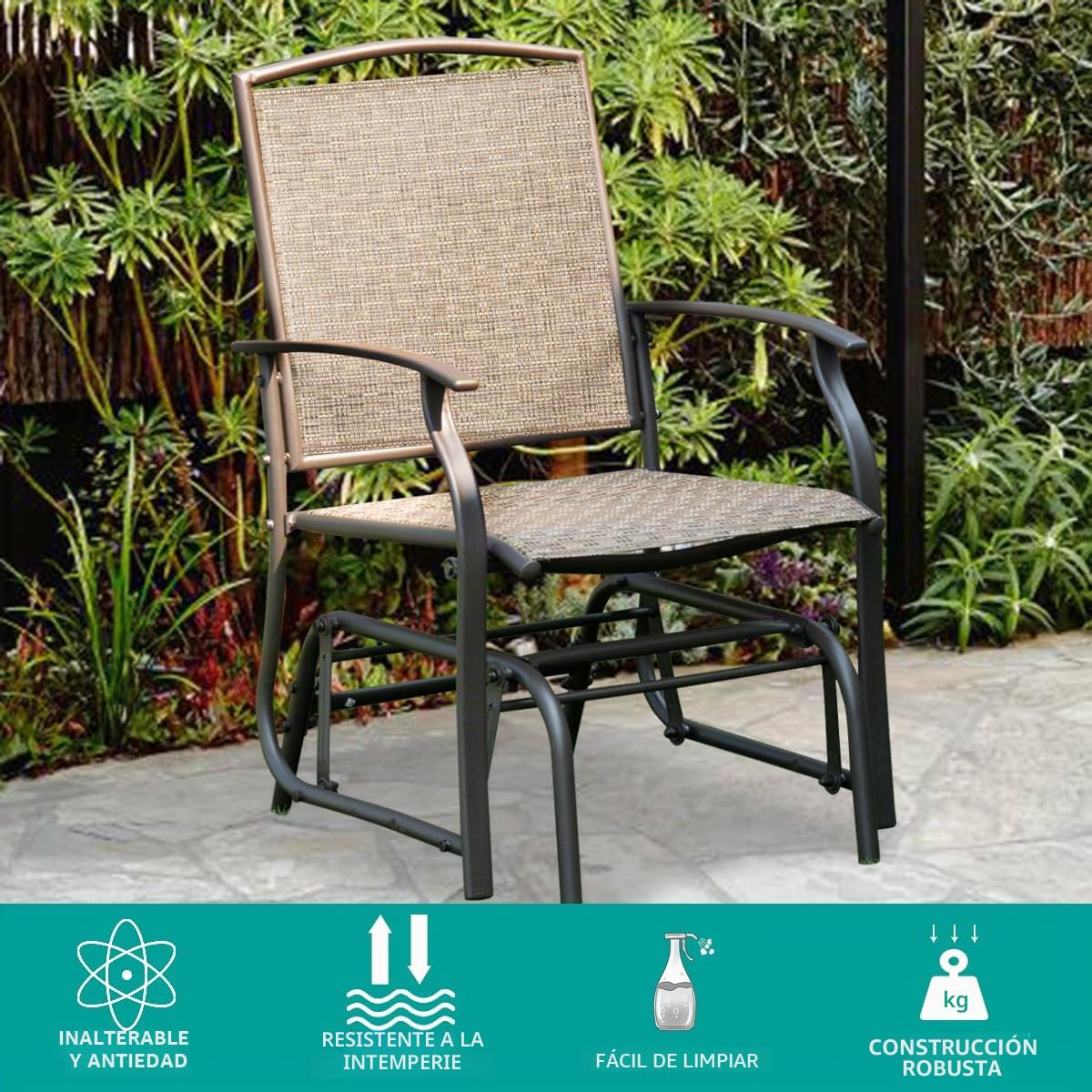 GIANTEX Sillón Mecedora de Exterior con Respaldo y Apoyabrazos Transpirables, Marco de Metal, Diseño Ergonómico para Jardín, Patio, Terraza, Piscina, Carga 150 kg, Marrón