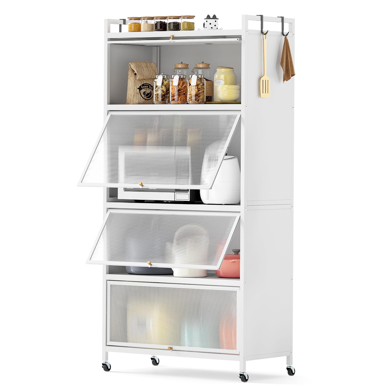 COSTWAY Kitchen Storage Cabinet, 5 Tier Tall Pantry Cupboard with Flip-Up Doors, Hooks, Replaceable Foot Pads & Wheels, Freestanding Bakers Rack Microwave Stand for Living Dining Room (White)