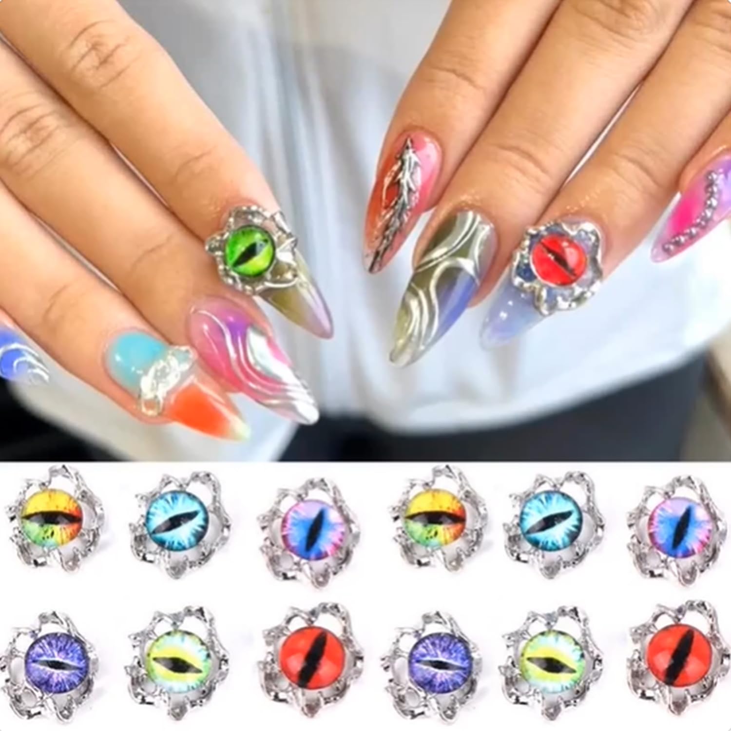 Nail Art Decorations, Mix 6 Colors 3D Devil Eyes Glitter Nail Art, Glitter Stereoscopic Metal Diamond Nail Art Design, Acrylic Nail Supplies for Women DIY Manicure Decoration