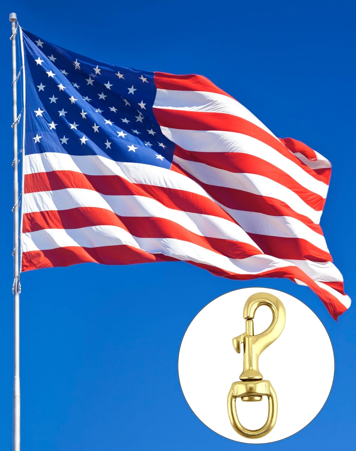 QWORK Flag Clip Swivel Spring Hook, 4 Pack Flag Pole Clips, Heavy Duty Brass Swivel Snap Hooks with Swivel Eyelet, for Diving, Dog Leash, Ropes, Flag Pole, Leather Crafts, Pet Collar - Image 3