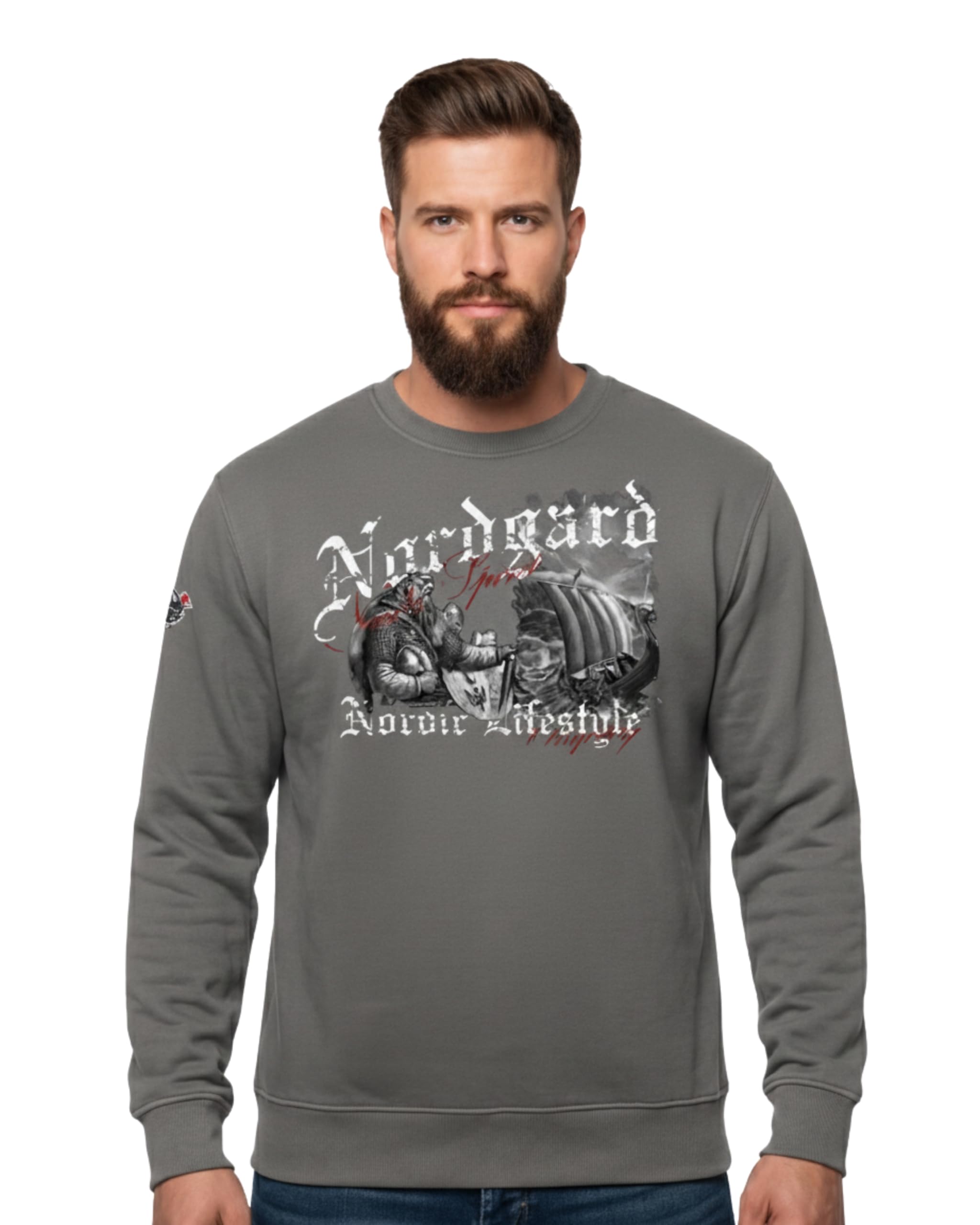 NORDGARD Viking Sweatshirt Hornung in Grau & Schwarz I Pulli aus 80% Baumwolle & 20% Polyester I Wikinger-Sweater mit Brustdruck I Ideal für Freizeit & Sport I Oeko-TEX Zertifiziert