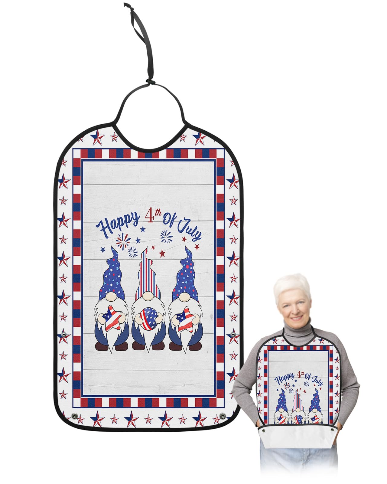 Kewadony Adult Bibs for Elderly Women - 4th of July Waterproof Dining Clothing Protectors with Crumb Catcher for Eating/Feeding, Patriotic Gnomes Independence Day American Star Terry Cloth Bib