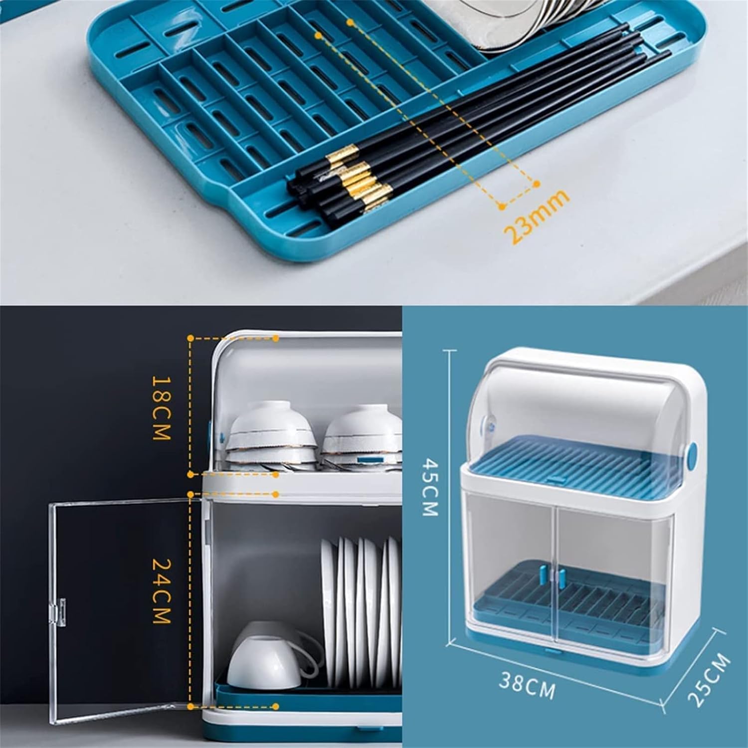 2 Tiers Dish Drying Rack Drain Board with Lid Cover, Transparent Dust Cover Kitchen Plate Cup Dish Drying Rack Tray Cutlery Dish Drainer