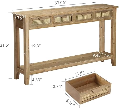 Miniatura 2 de Wnutrees Mesa consola de granja con 4 cajones de ratán, 60 pulgadas de largo, estrechas y bohemias con estantes de almacenamiento abiertos para