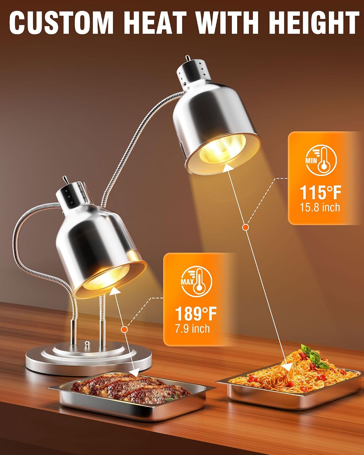 PYY 2-Head Food Heat Lamp - Commercial Heat Lamp for Food with 2 ETL Bulbs, 500W Food Warming Light, Portable Electric Heating Lamp for Food Service Restaurant Buffet Kitchen, Silver
