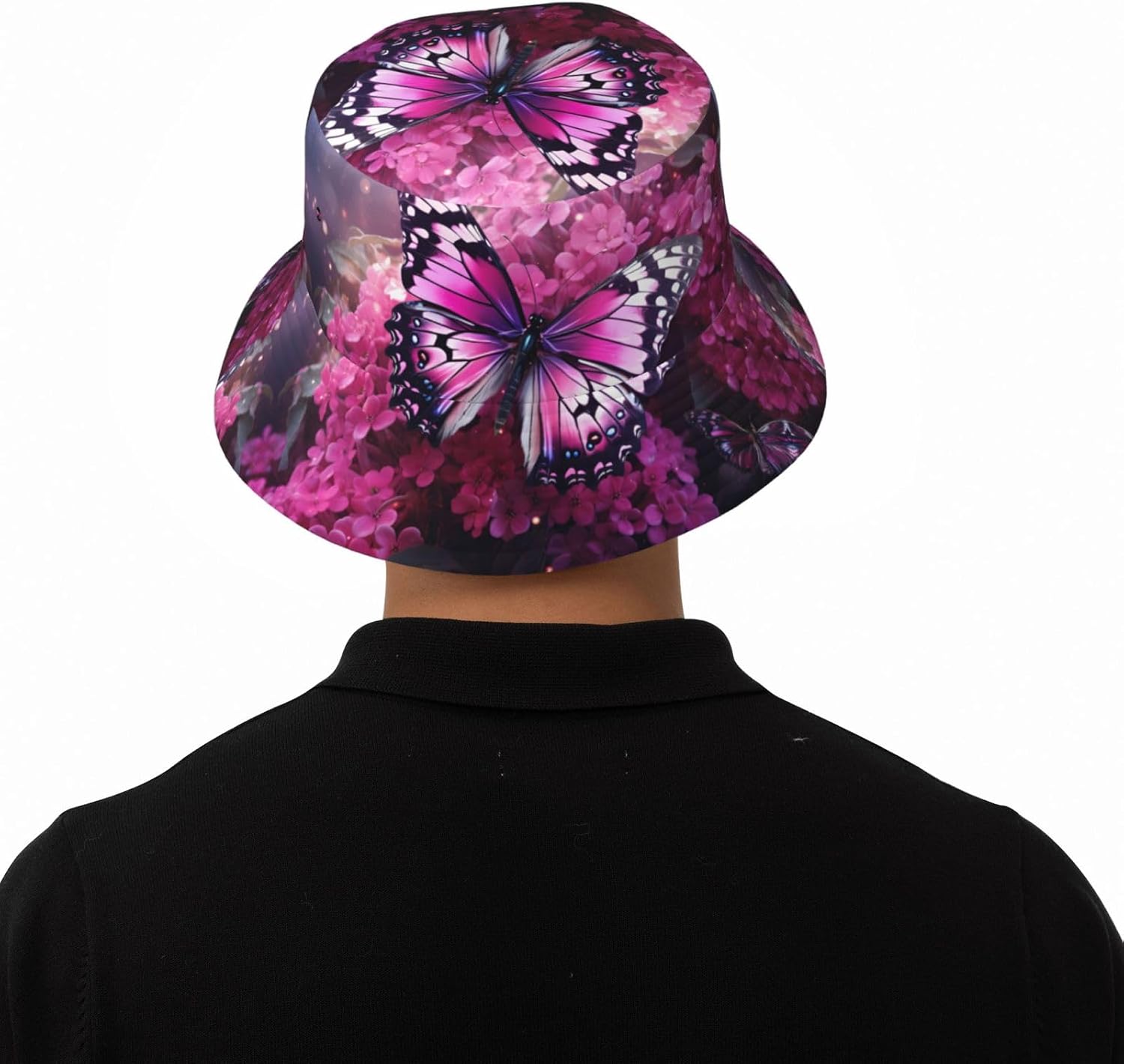 Pink Flower Purple Butterfly Prints Summer Outdoor Travel Bucket hat, a Beach Sun hat Suitable for Both Men and Women