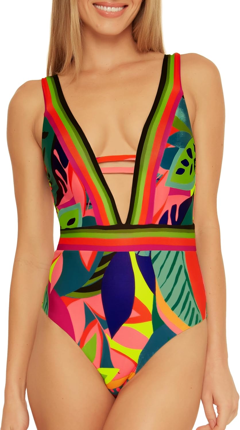 Trina Turk Women's Rainforest High Leg One Piece Swimsuit, Plunge V-Neck, Tropical Print, Bathing Suits for Women