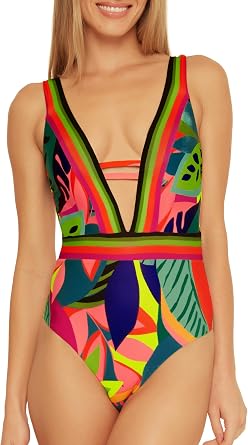 Trina Turk Womens Rainforest High Leg One Piece Swimsuit, Plunge V-Neck, Tropical Print, Bathing Suits for Women
