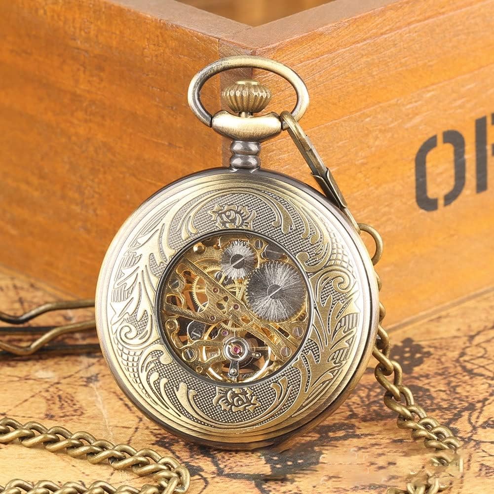 Mens Antique Mechanical Pocket Retro Design Bronze Flower Openwork Cover Pocket Mechanical Pocket Watch for Mothers Day