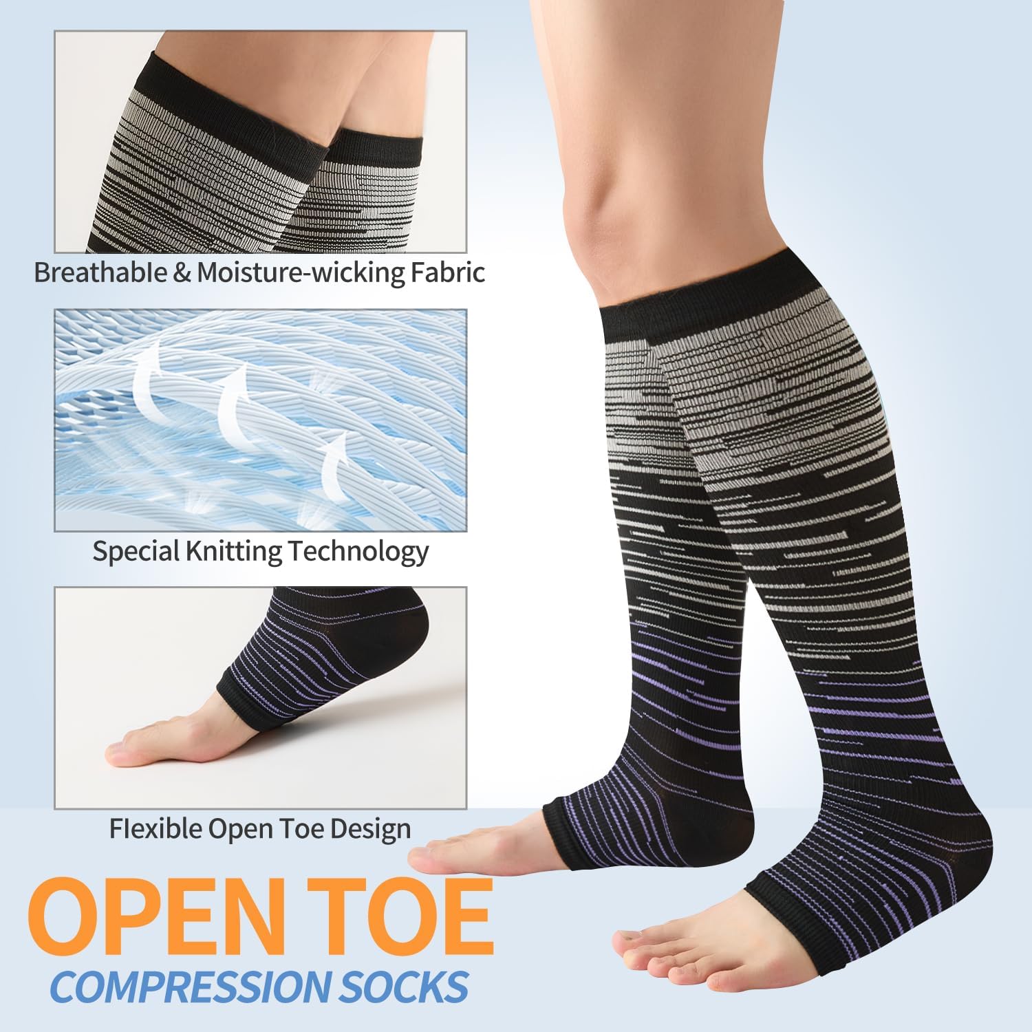 3 Pairs Open Toe Compression Socks for Men & Women - 15-20 mmhg Knee High Stockings for Circulation Support - Image 5