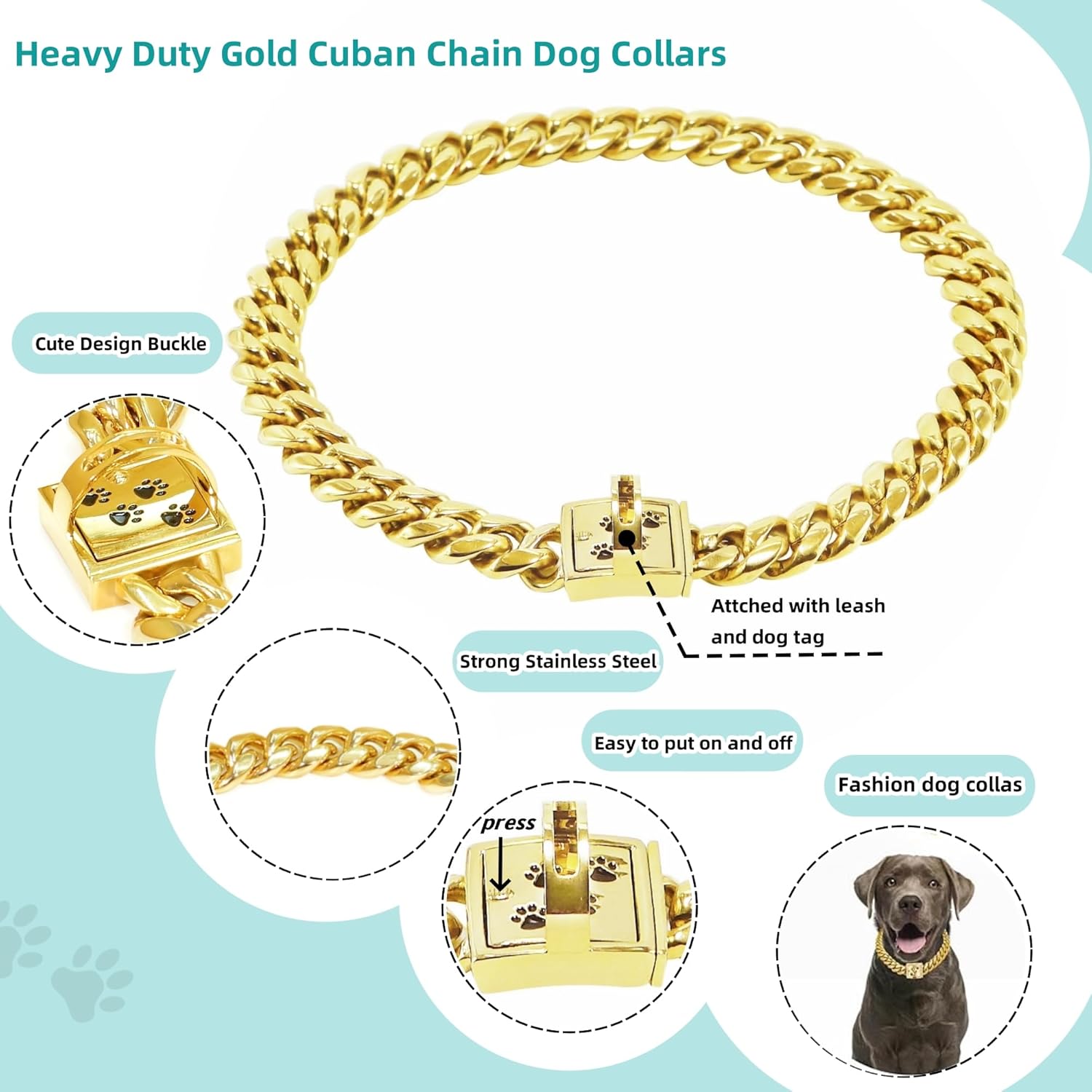 Gold Chain Collars for Dogs 15MM Stainless Steel Cuban Link Collar with Design Safety Buckle Lock 18K Gold Plated Metal Chain Training Walking Collar for Large Medium Small Dogs (24inches)