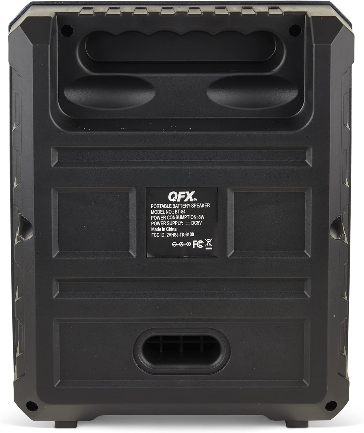 Enrere view of the QFX BT-84 speaker, showing the model label and integrated carry handle.