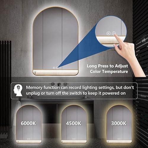 Miniatura 5 de Niccy Espejo de baño con iluminación LED arqueada, espejo de baño retroiluminado de 36 x 24 pulgadas, espejo de baño con luces con marco dorado