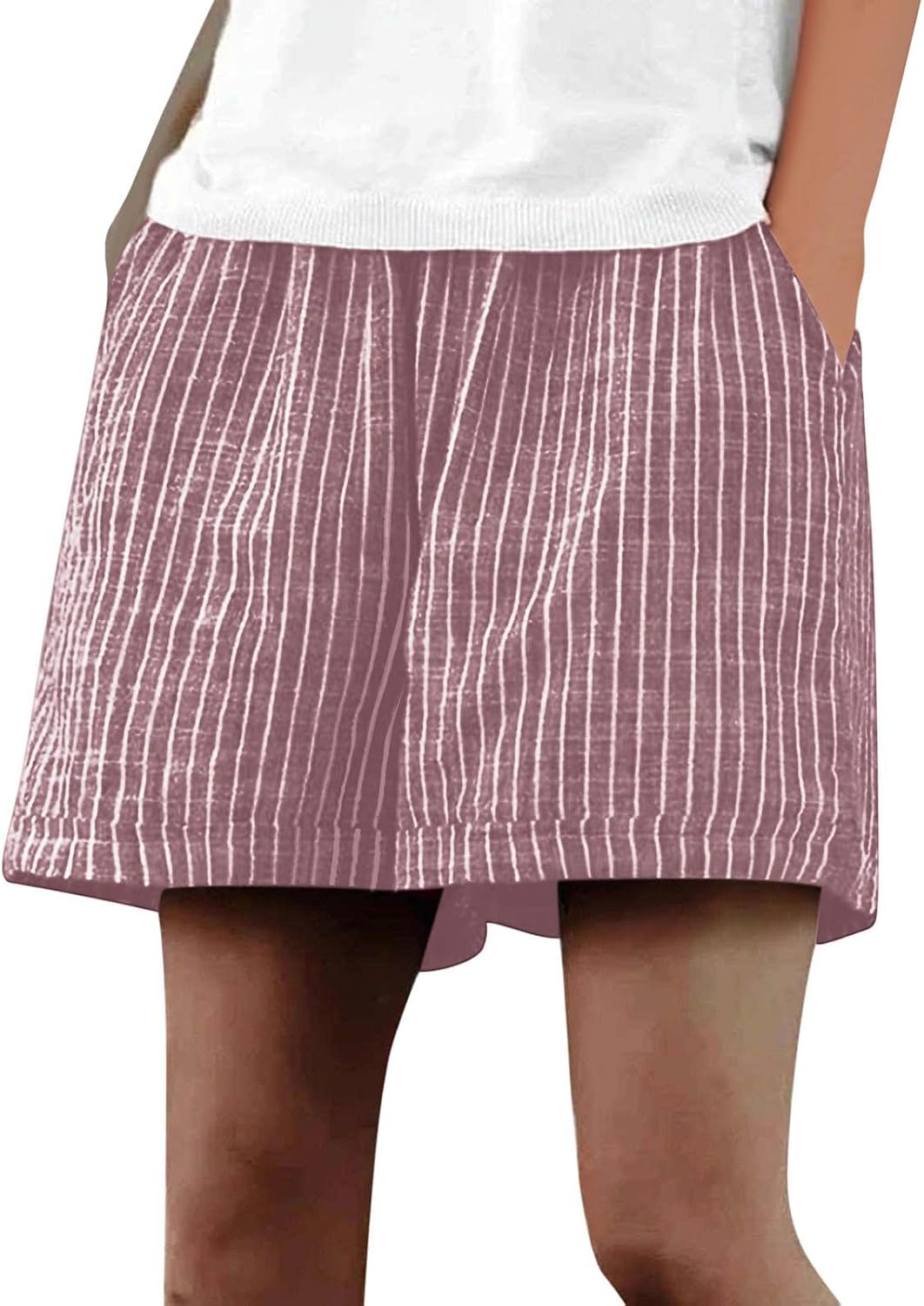 Cotton Linen Shorts for Women Summer Striped Mid Waisted Wide Leg Shorts with Pockets Beach Vacation Outfits