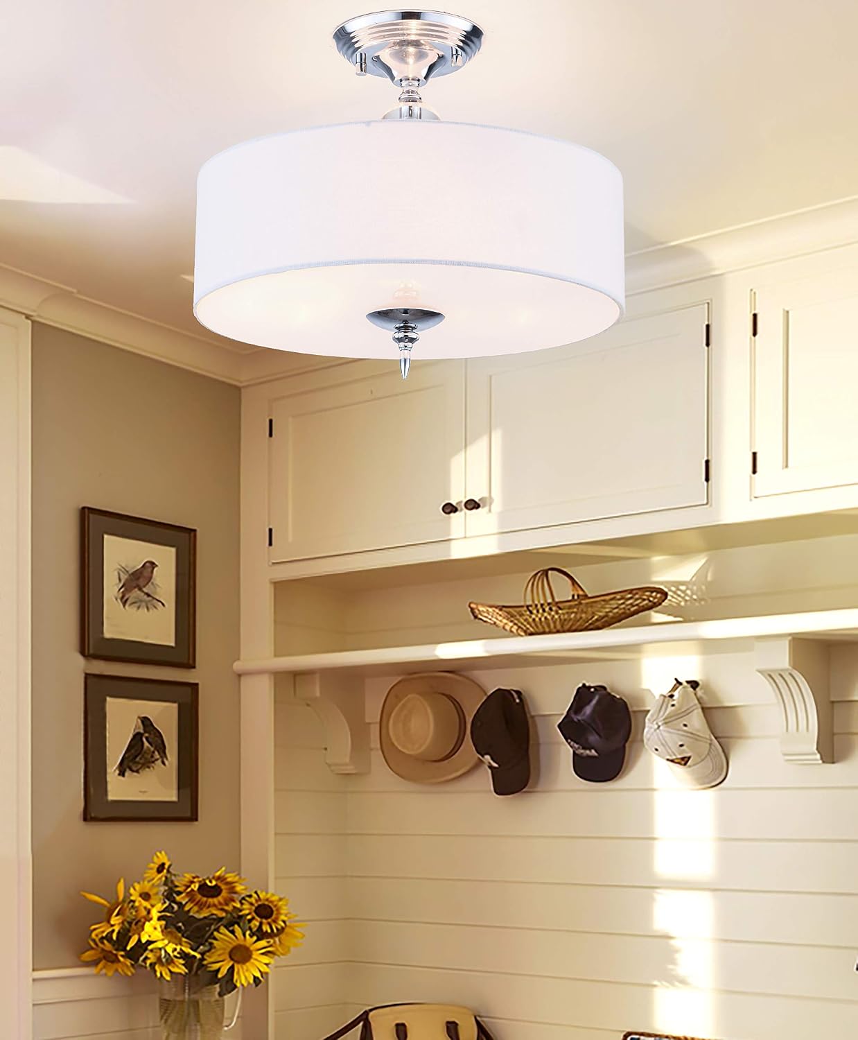 PAPAYA Mini Crystal Flush Mount Ceiling Chandelier White Shade 3-Light Modern Pendant Light Fixture…