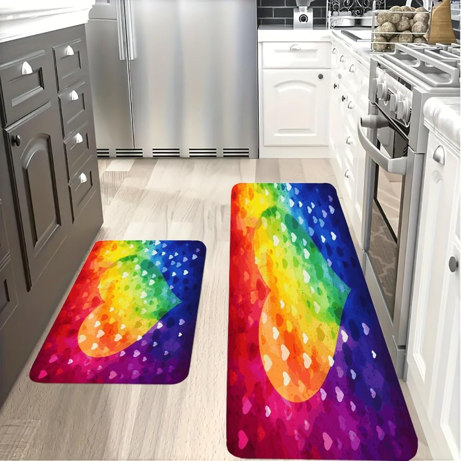 Colorful Rainbow Love Heart Kitchen Mat Set of 2 Ergonomic Comfort Velvet Rugs Cushioned Anti-Fatigue Non-Slip Standing Mats Thick Kitchen Floor Mat Carpet Runner Rugs 16"×24"+17"×47"