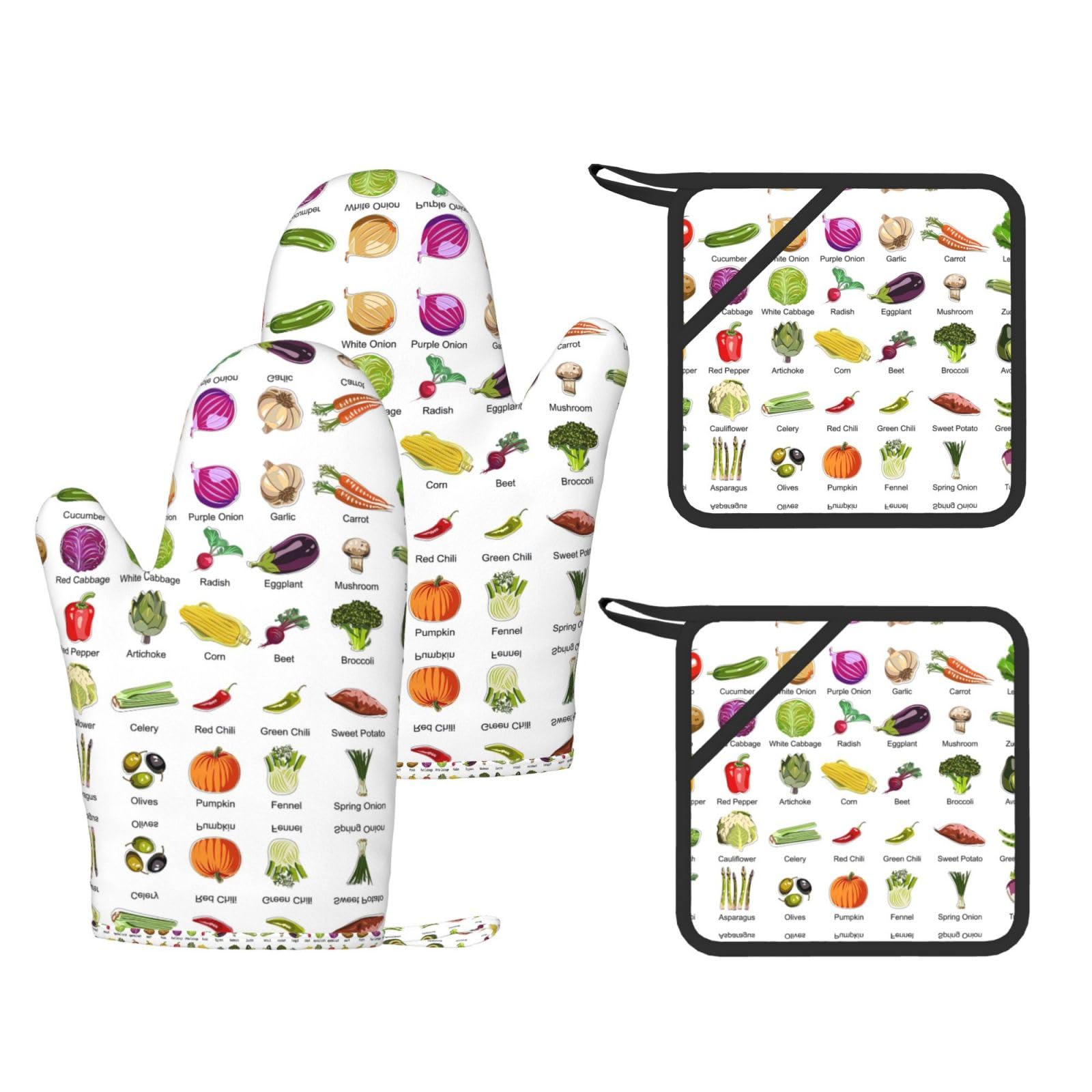 Introduction of Vegetables Printed Oven Mitts with Pocket and Hot Pads, Silicone Non-Slip Kitchen Gloves for Baking BBQ