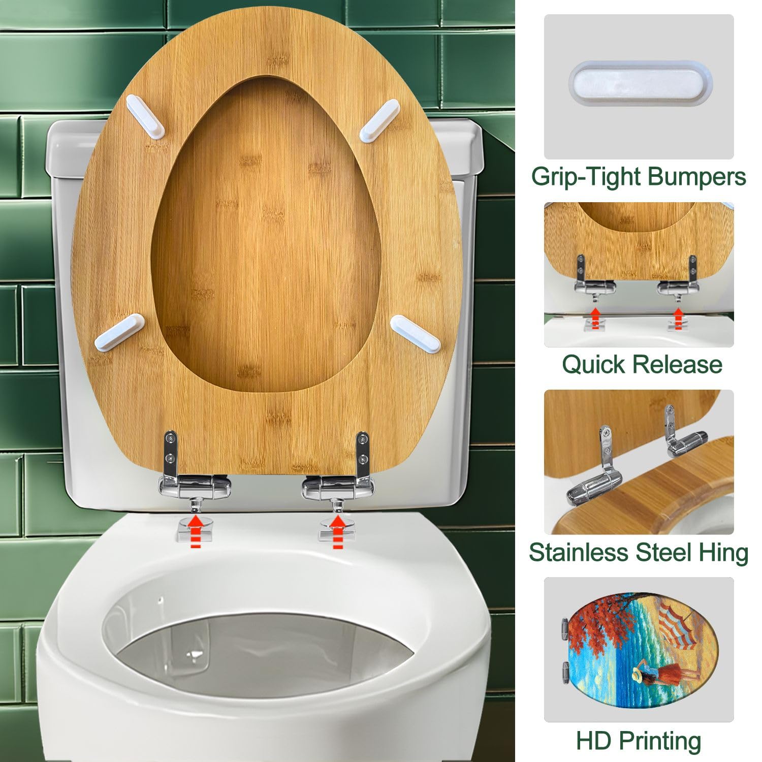 Sedile WC allungato decorativo in legno con copriwater, dipinto a olio con paesaggi marini, cerniere a sgancio rapido e chiusura silenziosa, facile da installare. Accessorio per il bagno.