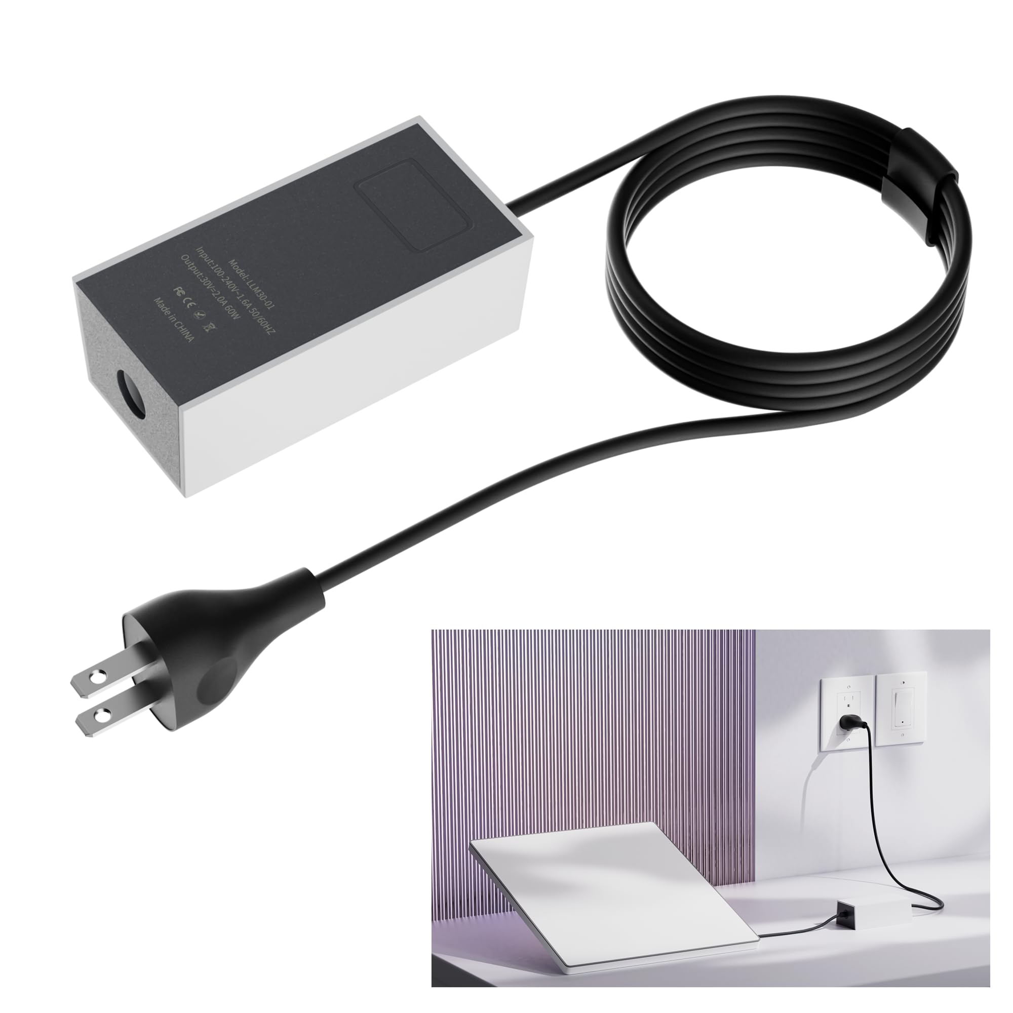 Starlink Mini Power Supply, 60W Starlink Mini Power Adapter AC Charger Wall Plug Steady 30V/2A with 1.8M Extension Cable Compatible with 150FT DC Power Cable