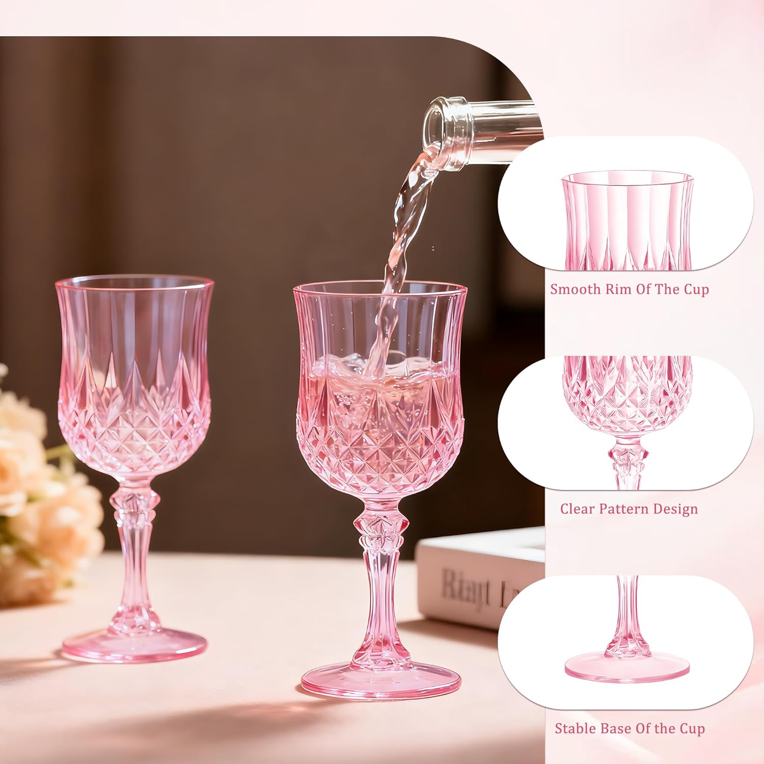 7OZ Plastic Wine Glasses, Disposable Goblets Drinking Glasses Crystal Vintage Water Cups Unbreakable Champagne for Valentine’s Day, Wedding, Parties (24, Pink) - Image 3