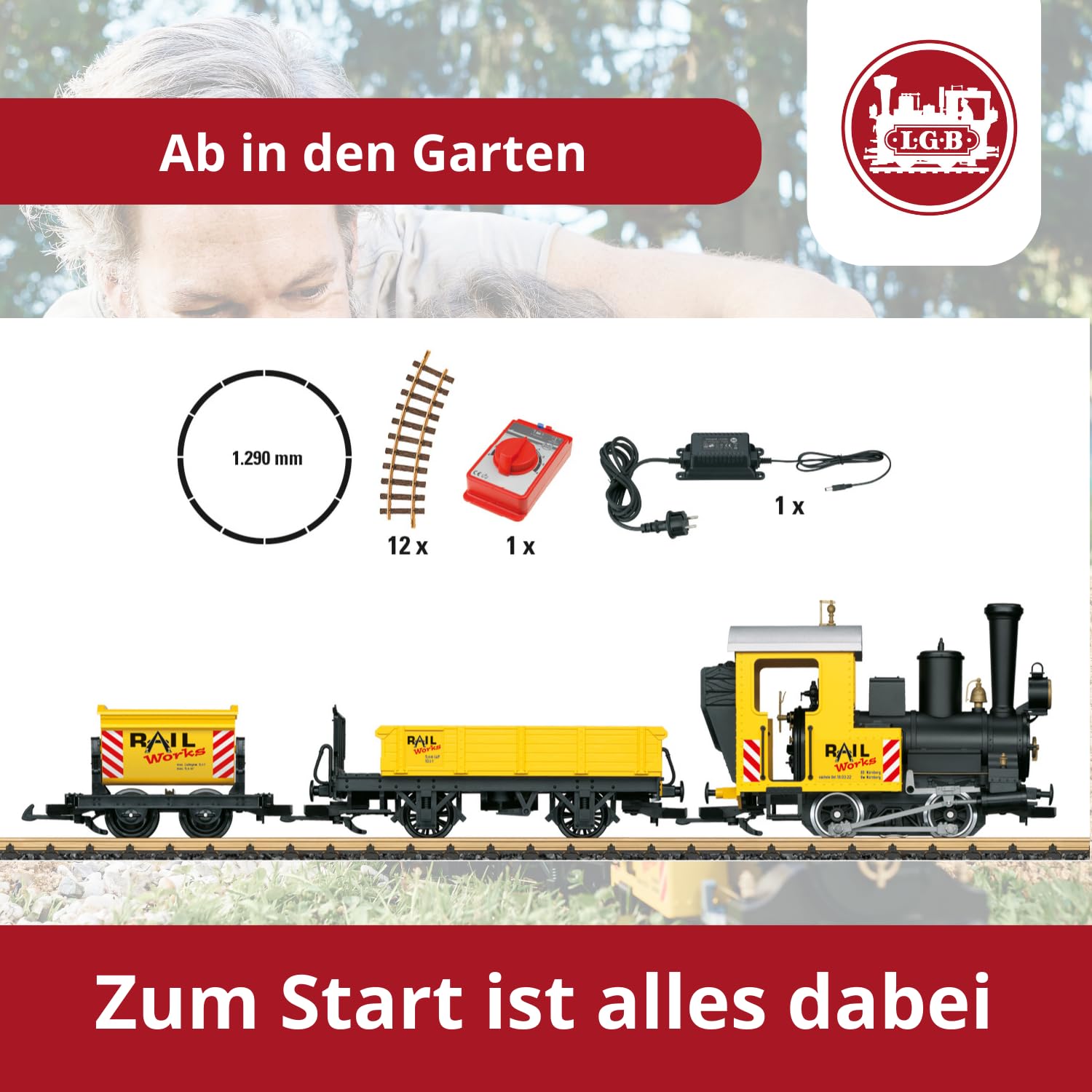 LGB 70503 - Set per treno da giardino, con locomotiva e due carri, per esterni, traccia G