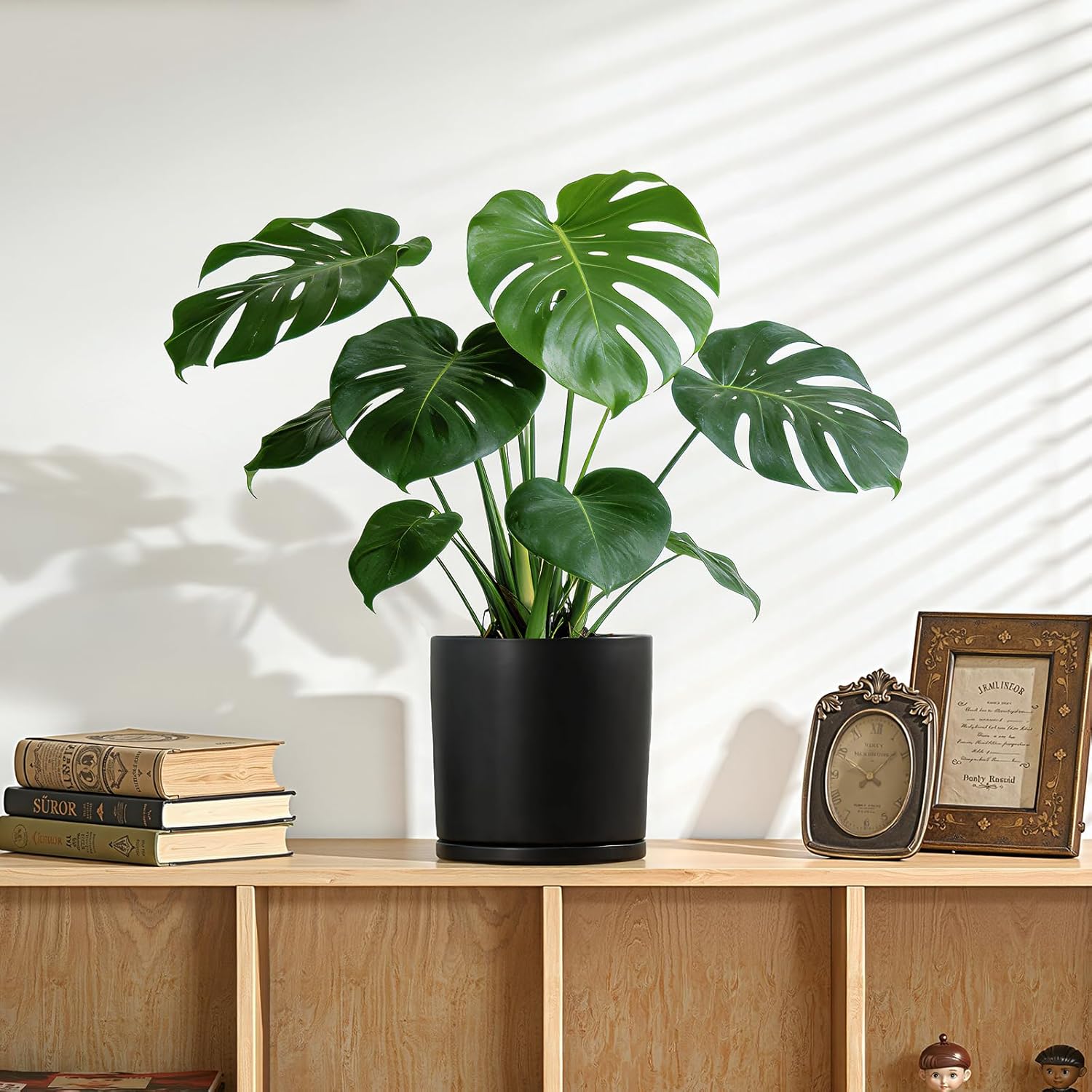 Kazeila 10 Inch Ceramic Planter Pot with Drainage Hole & Tray, Large Indoor Plant Pots, Modern Cylinder Flower Pot, Includes Mesh Net, Plug, Pads & 500g Clay Pebbles (Black, 10 Inch)